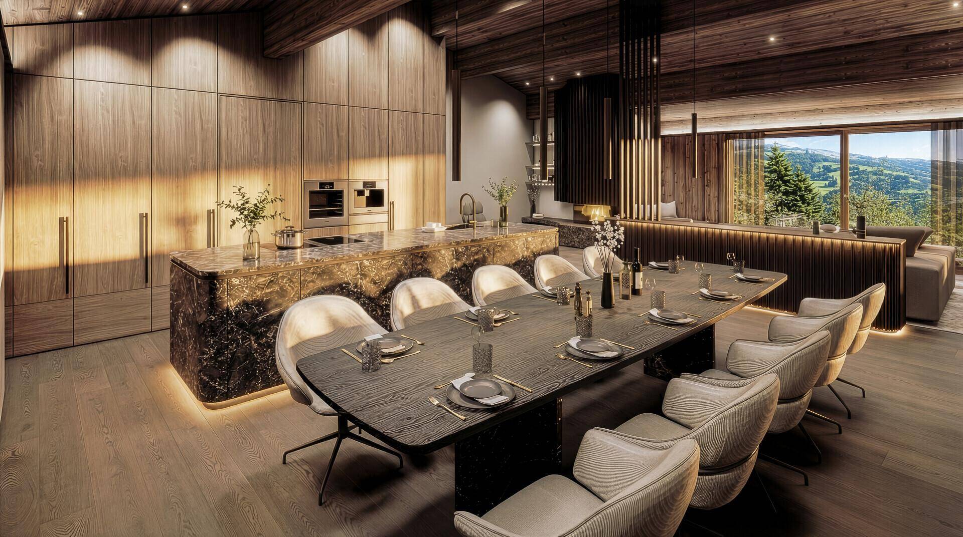 Moderne Küche mit großer Kochinsel, integrierten Geräten und elegantem Essbereich für gesellige Runden.