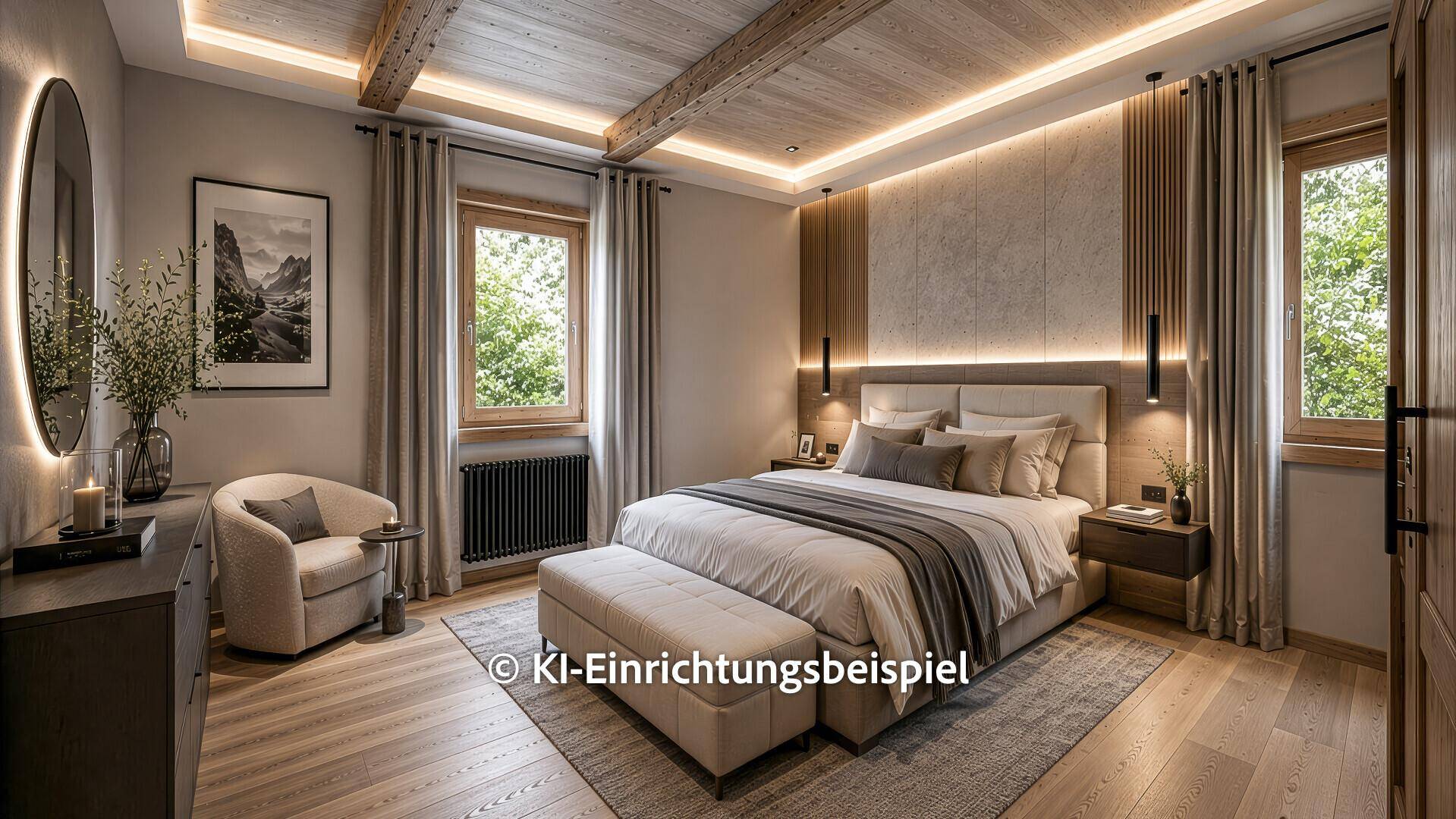 Modernes Schlafzimmer mit Holzbalken, großem Bett und eleganter, zeitgenössischer Einrichtung.