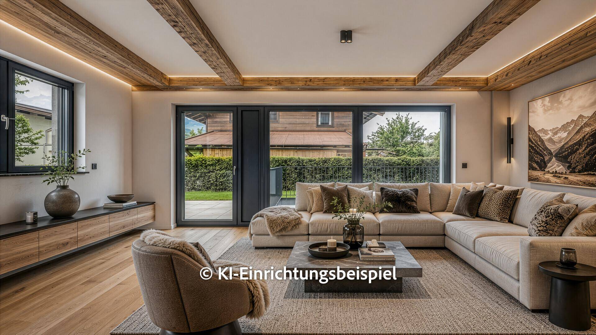 Gemütliches Wohnzimmer mit Holzbalken, großem Sofa und Zugang zum Garten.