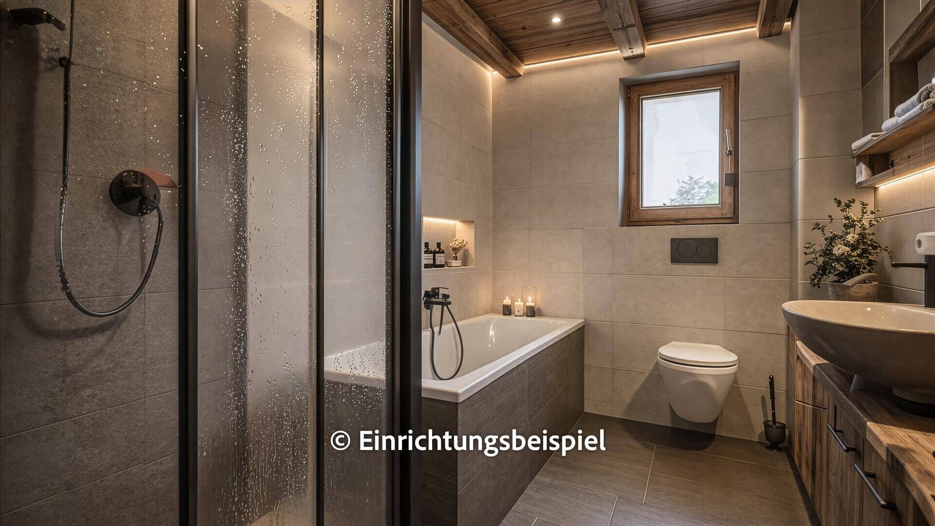 Modernes Badezimmer mit Badewanne, Dusche und Fenster, ausgestattet mit Holzdetails.