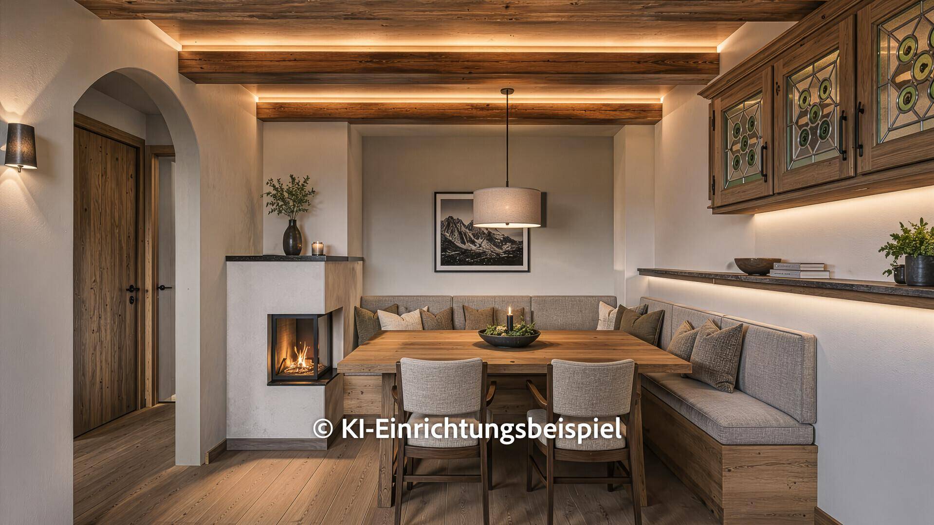 Modernisierter Wohn-Essbereich im alpinen Stil mit Holzbalken, Kamin und indirekter Beleuchtung.
