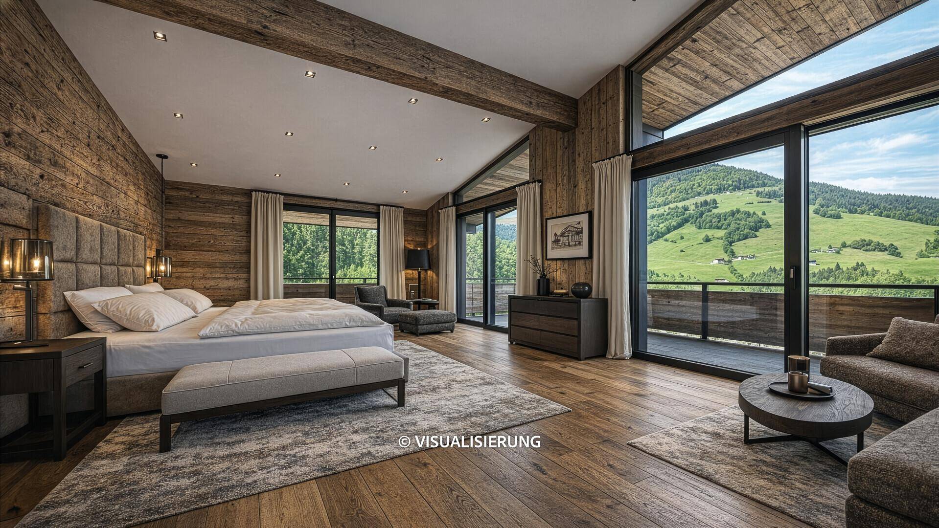 Luxuriöses Schlafzimmer mit Holzwänden, Holzboden und Panoramablick auf die Berglandschaft.