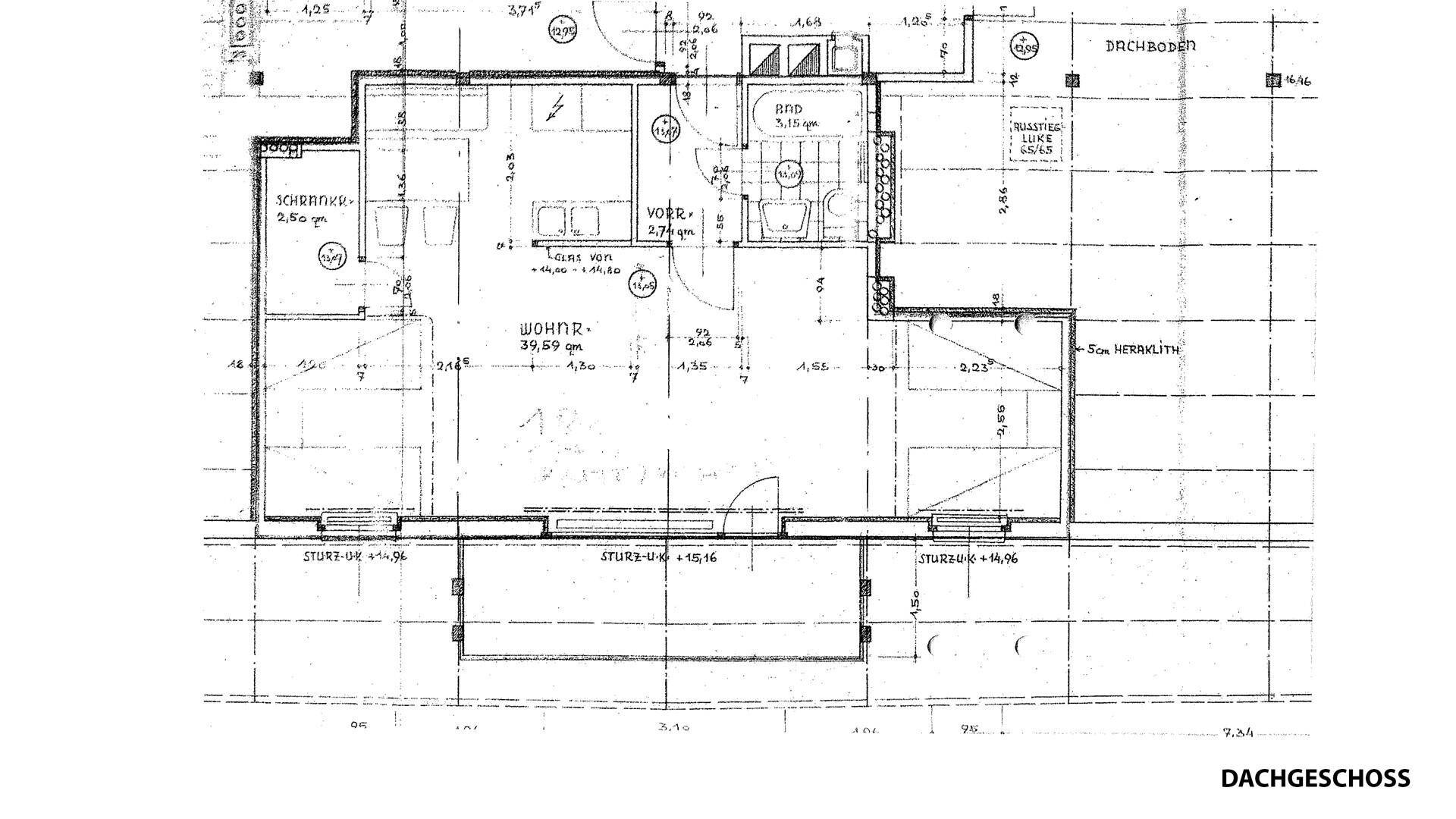 Historischer Grundriss des Dachgeschosses mit Raumaufteilung und Maßen.