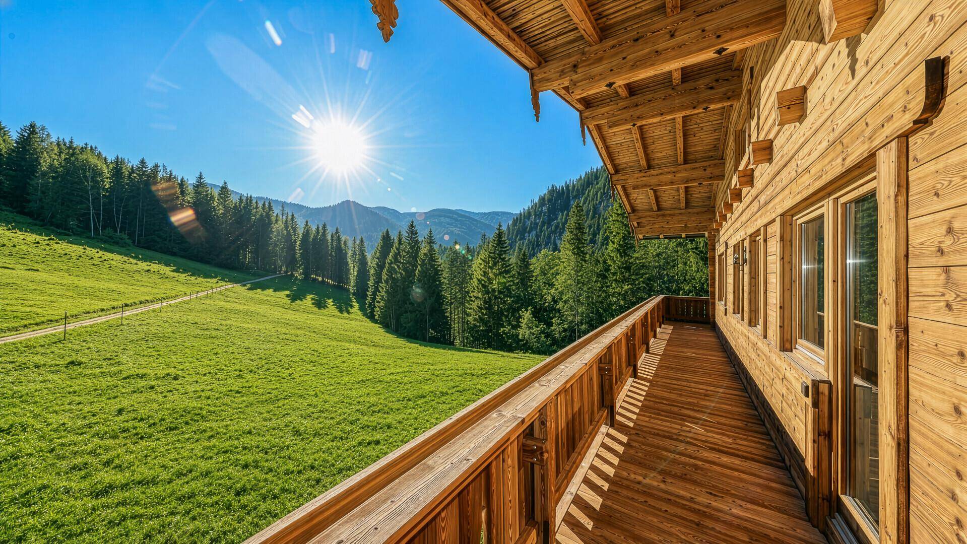 Langer Holzbalkon mit sonnigem Bergblick und weitem Blick über die Landschaft.