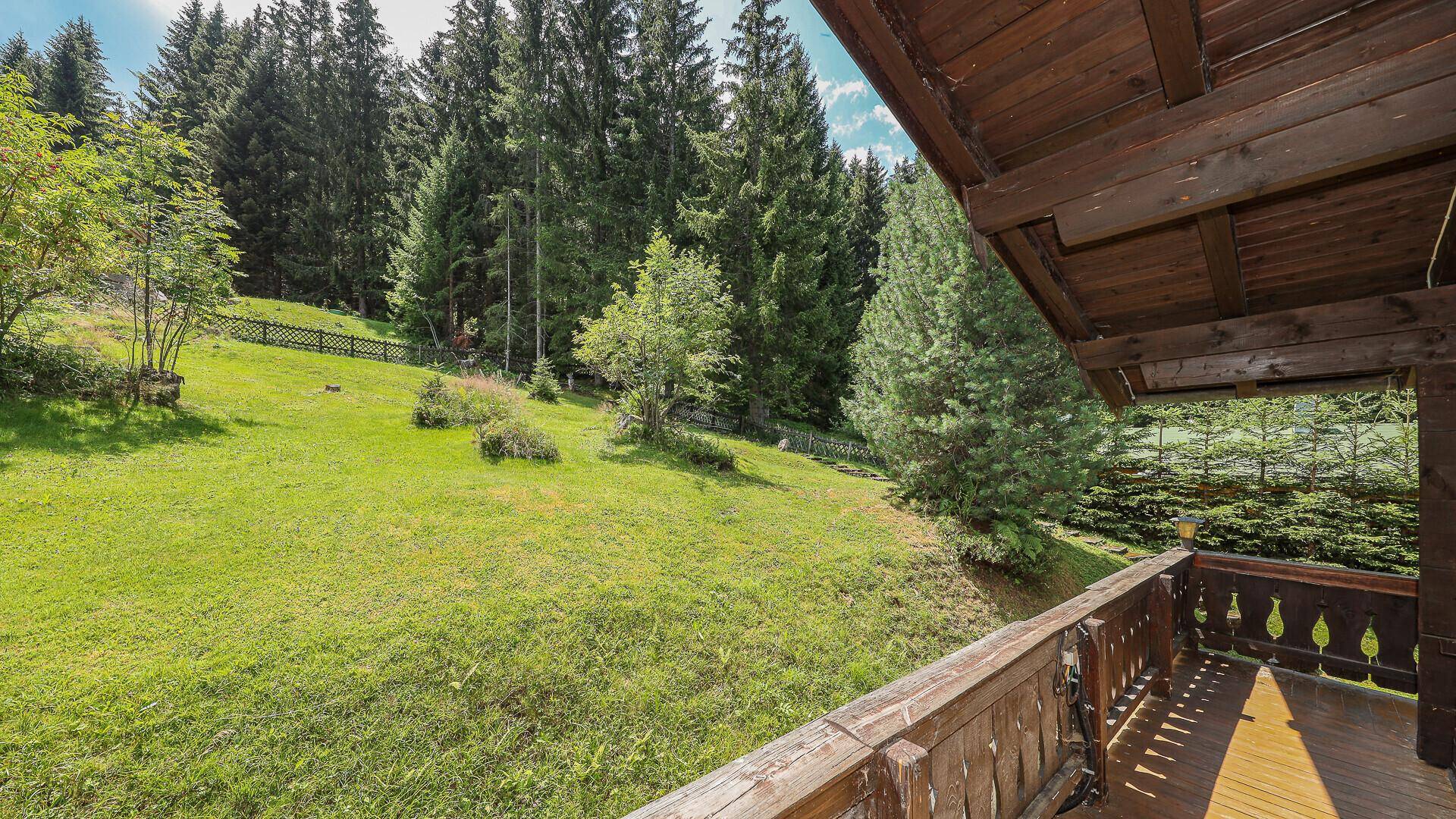 Blick vom Balkon auf eine grüne Wiese und den angrenzenden Wald, eine ruhige Naturkulisse.