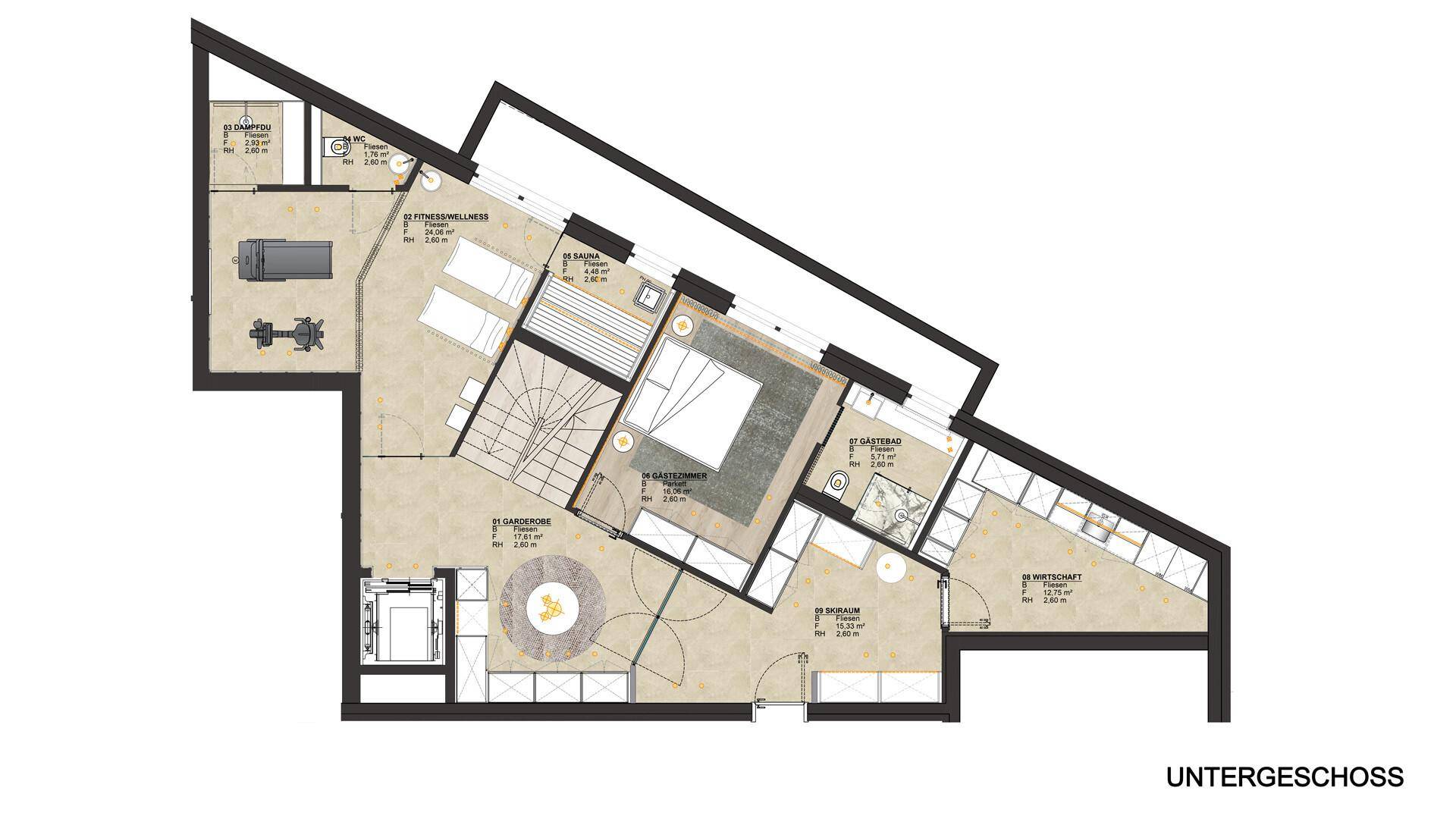 Grundriss des Untergeschosses mit Fitnessraum, Sauna, Gästezimmer und Bad.