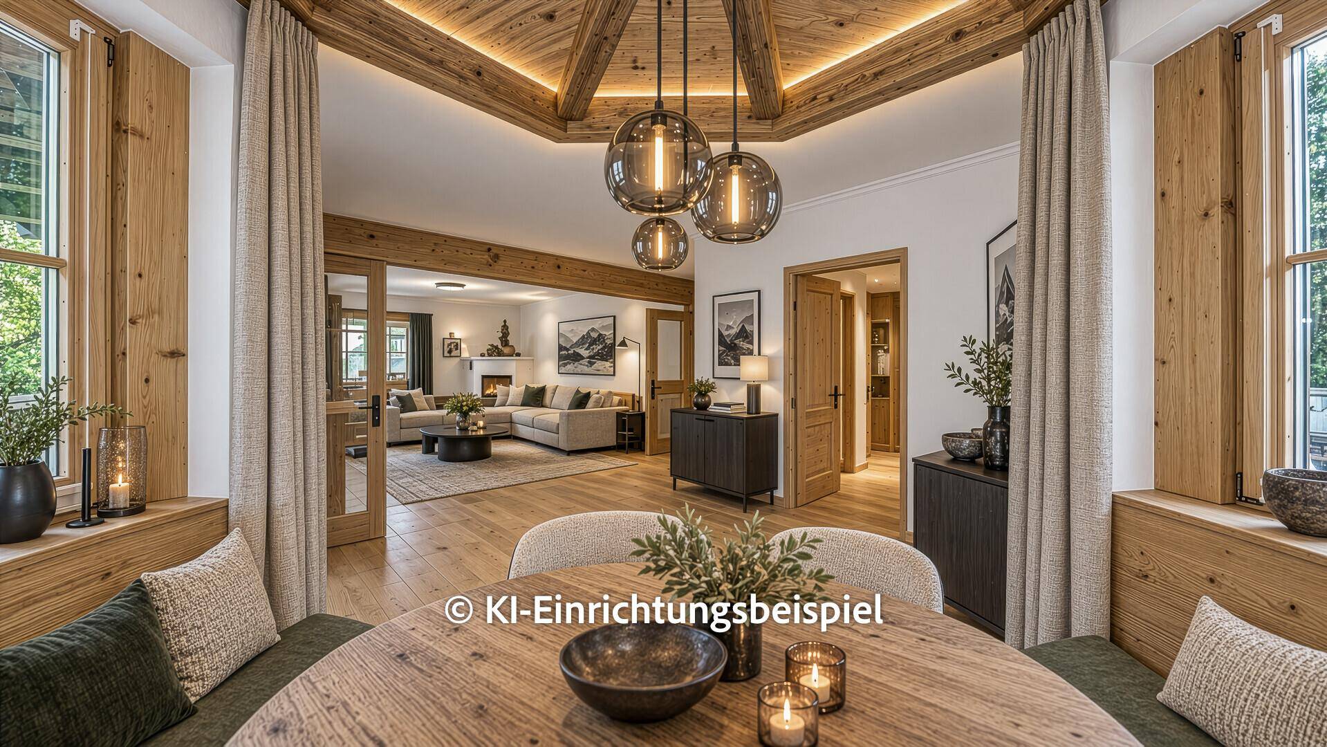 Blick von der modernen Essecke in den eleganten Wohnbereich mit Holzbalkendecke und hochwertigen Möbeln.