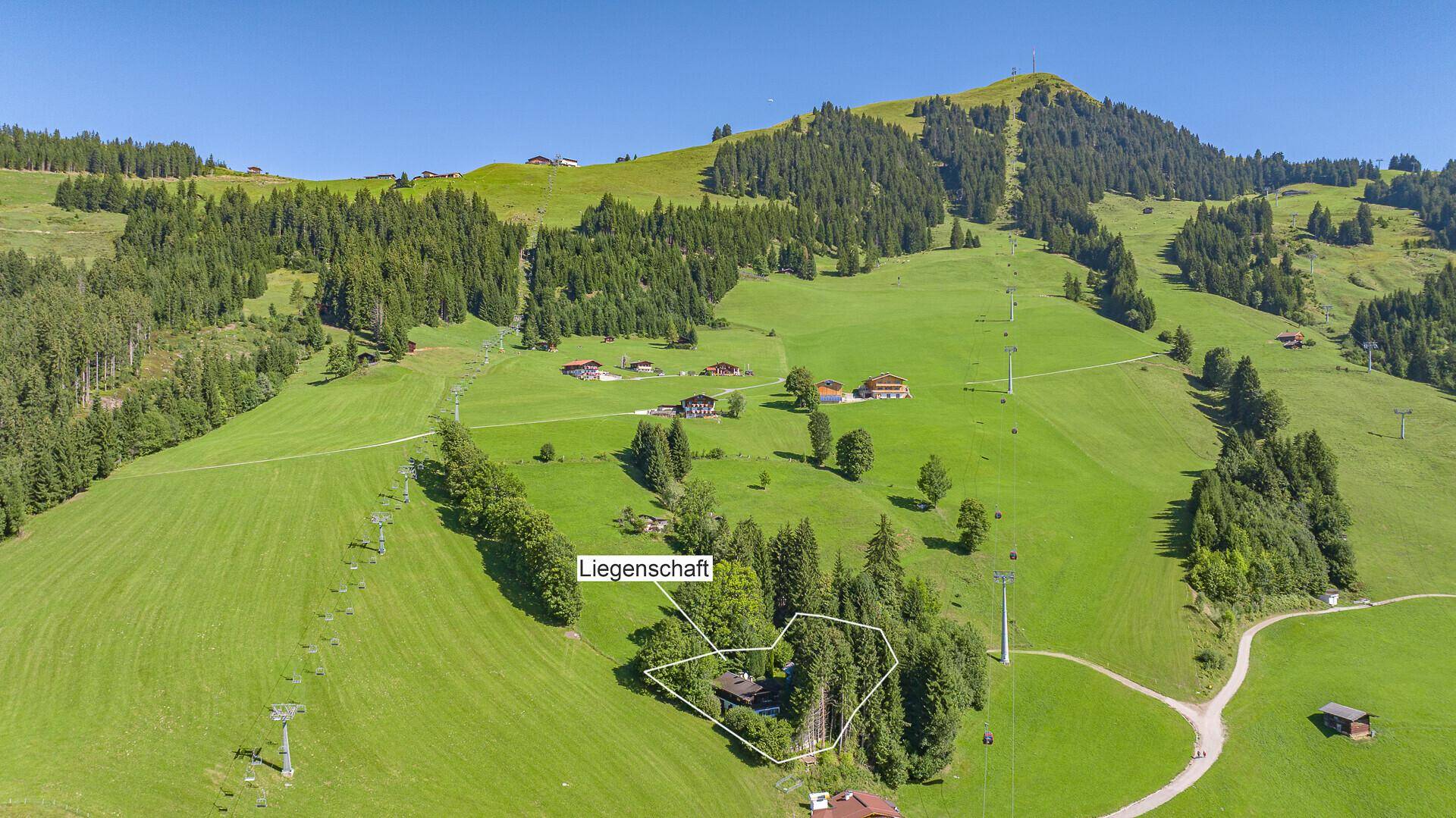 Luftaufnahme des Anwesens in einer idyllischen Berglandschaft, umgeben von Wald und Wiesen.