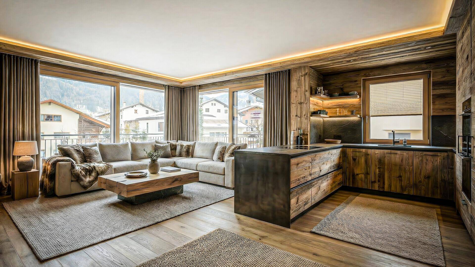 Offener Wohnbereich mit integrierter Holzküche, gemütlichem Sofa und Blick auf die Umgebung.