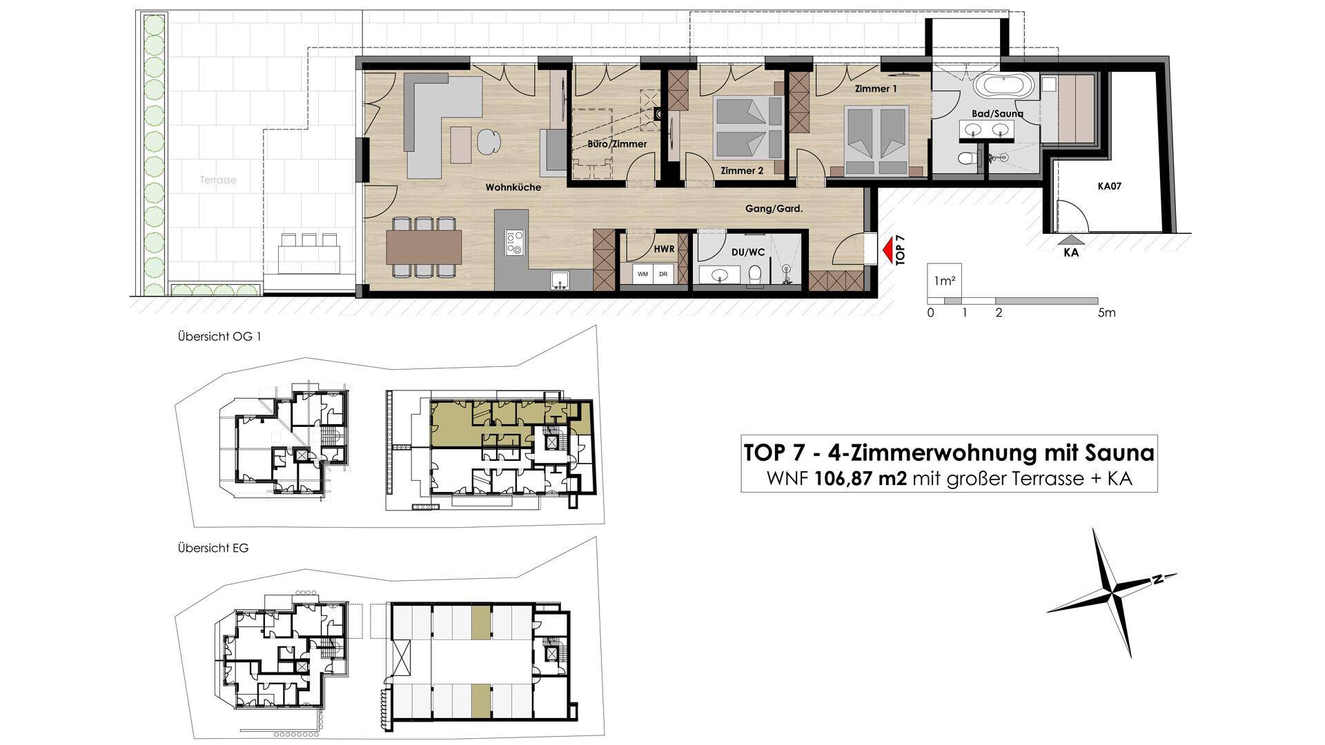 Detaillierter Grundriss einer 4-Zimmerwohnung mit offener Wohnküche, zwei Bädern, Sauna und großer Terrasse.