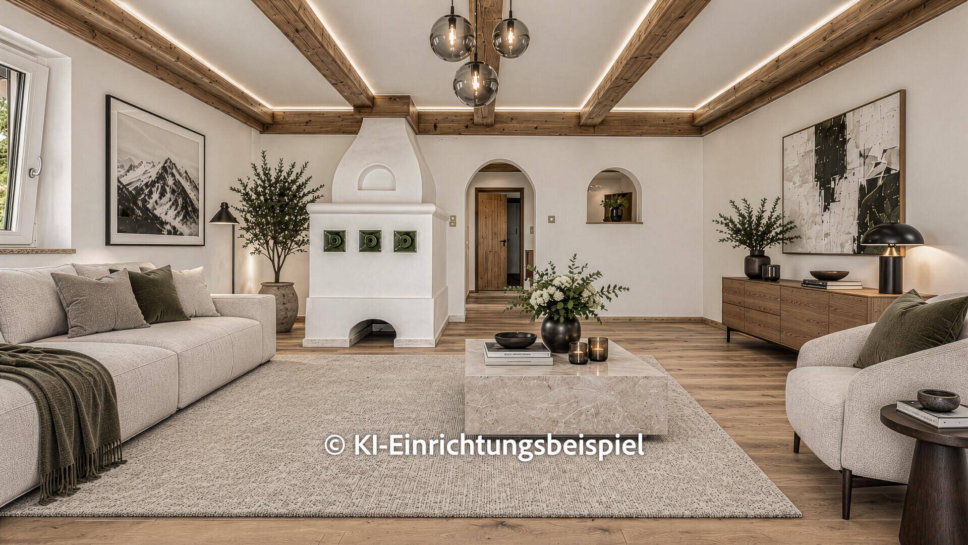 Modern eingerichtetes Wohnzimmer mit Holzbalken, Kachelofen und gemütlicher Atmosphäre.
