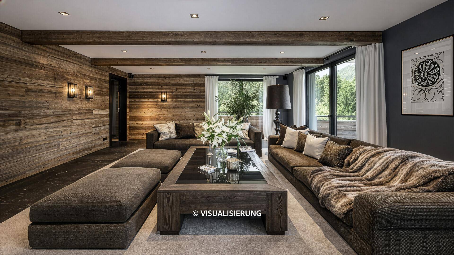 Stilvolles Wohnzimmer mit Holzwänden, großem Sofa und Blick ins Grüne.