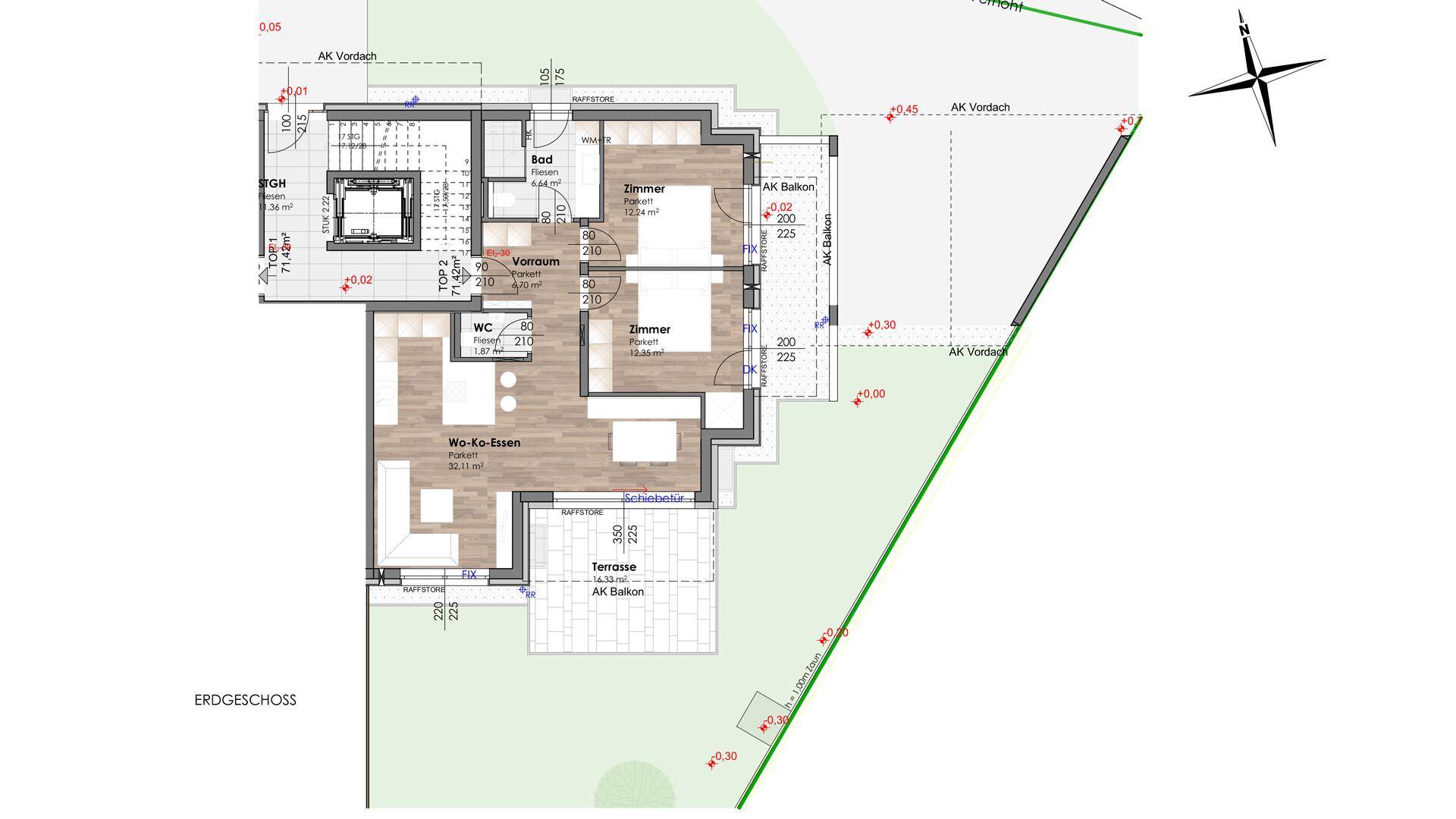 Grundriss des Erdgeschosses mit offenem Wohn-Essbereich, Terrasse und Balkon.