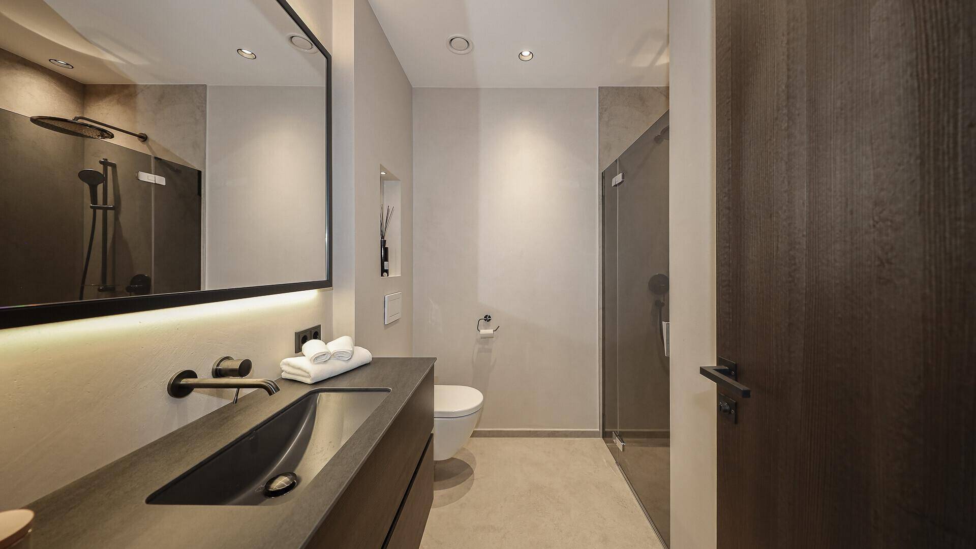 Modernes Badezimmer mit begehbarer Dusche, stilvollem Waschtisch und Wand-WC.