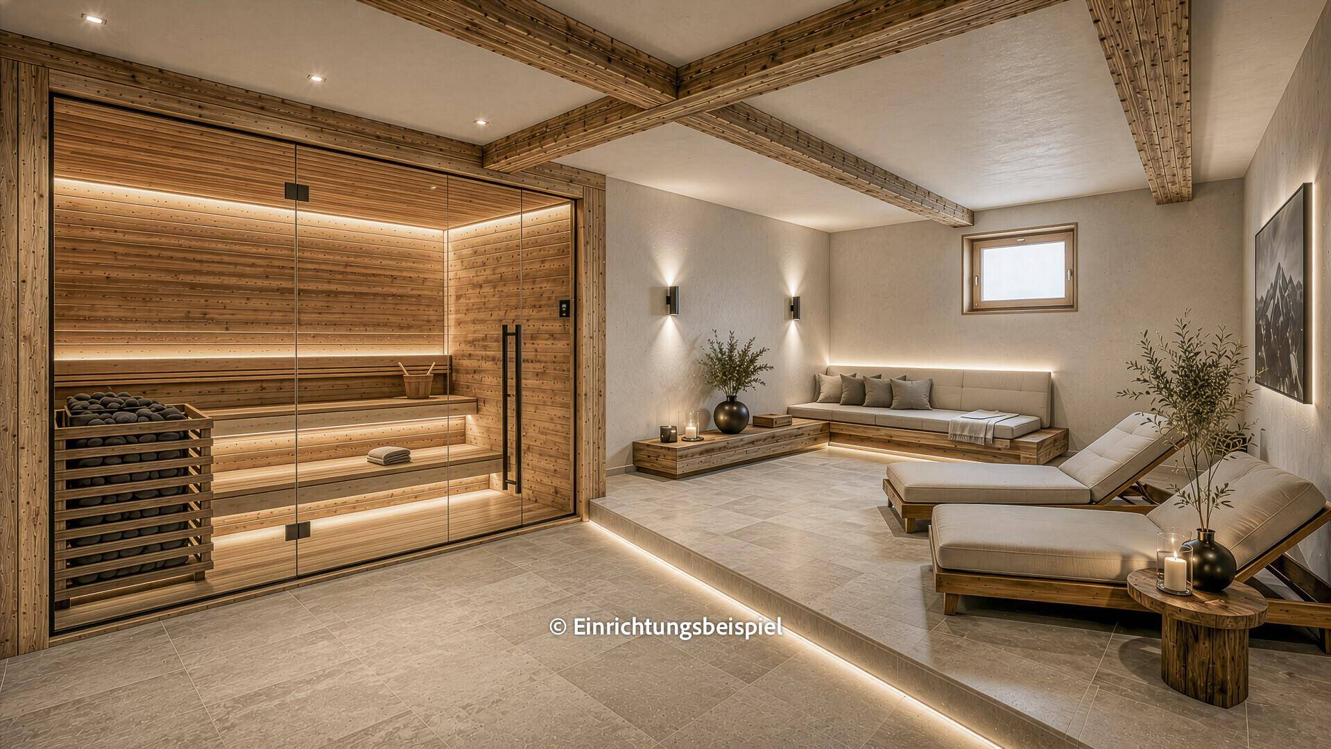 Exklusiver Wellnessbereich mit Sauna, Ruheliegen und indirekter Beleuchtung für entspannte Stunden.