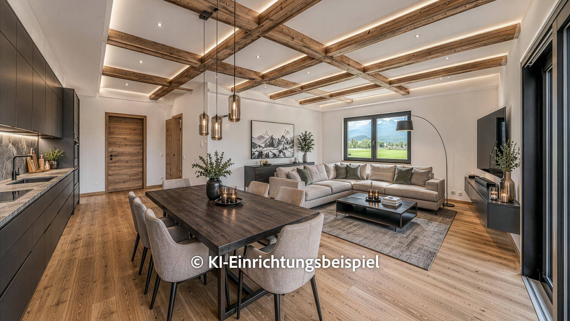 Moderner Wohn-Essbereich mit offener Küche, Holzbalkendecke und gemütlicher Einrichtung.