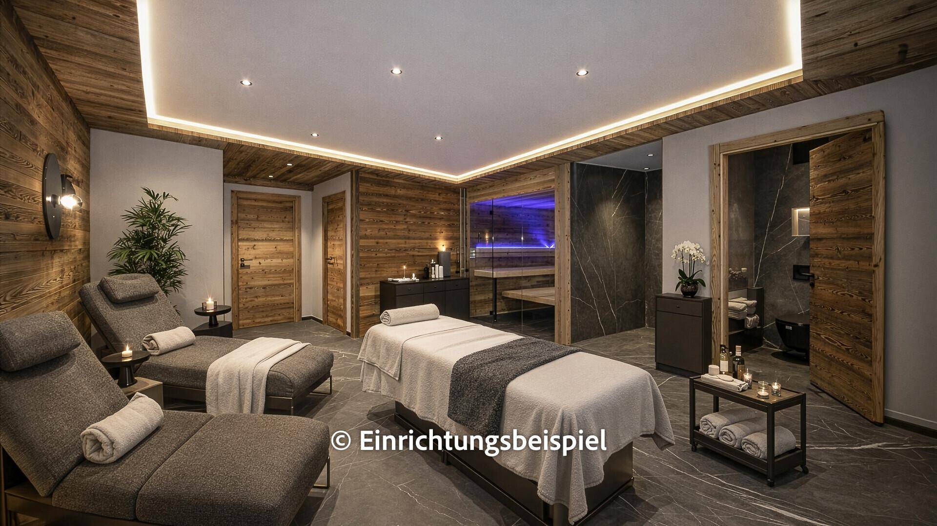 Exklusiver Wellnessbereich mit Ruheliegen, Sauna und stilvoller Beleuchtung.