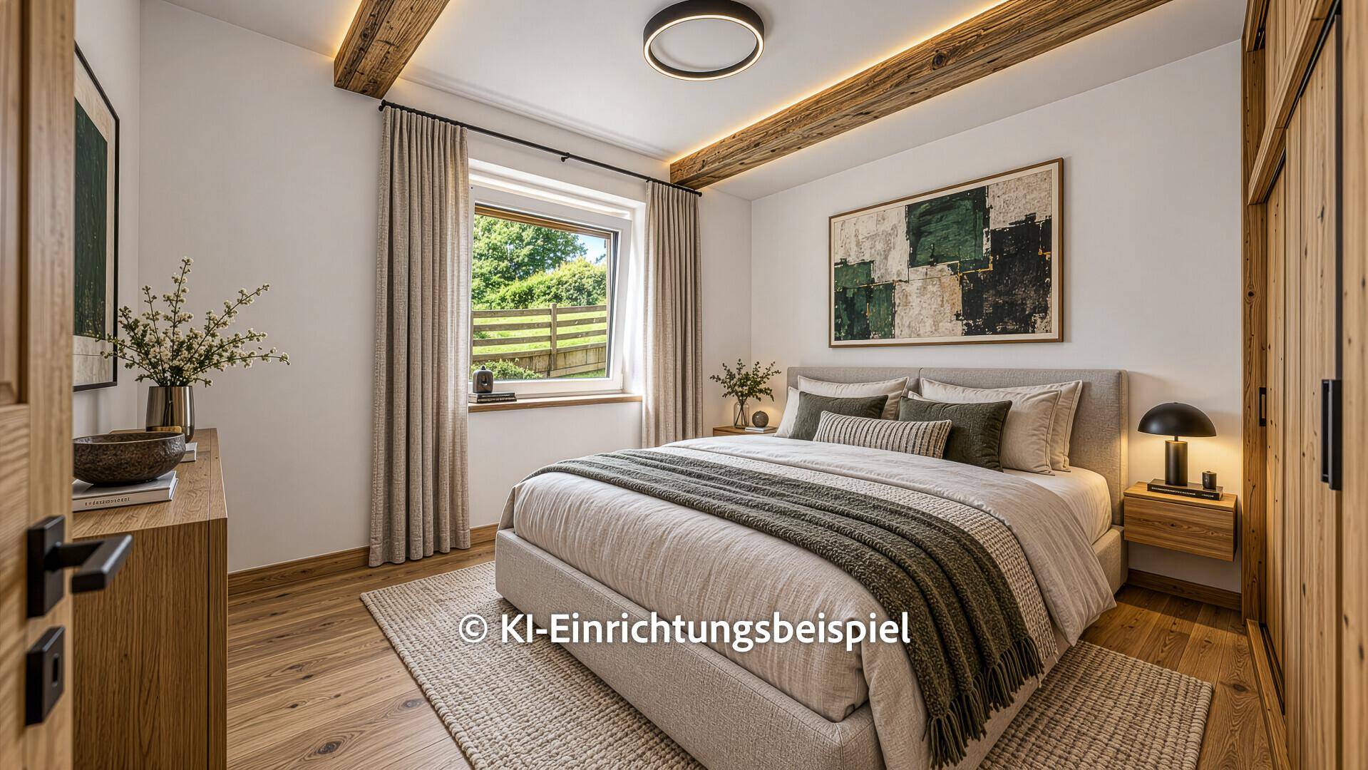 Gemütliches Schlafzimmer mit Holzbalken, modernem Bett und Blick ins Grüne, stilvoll eingerichtet.