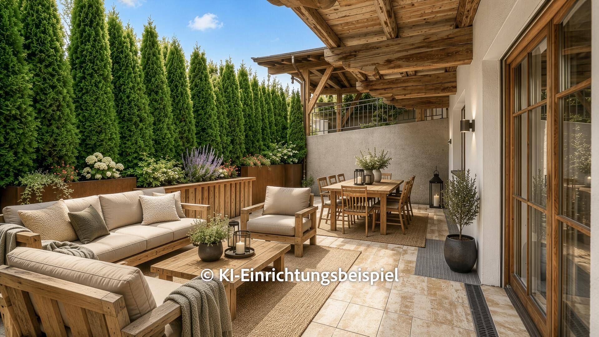 Einladende Terrasse mit bequemen Gartenmöbeln und Esstisch, umgeben von hohen Hecken für Privatsphäre.