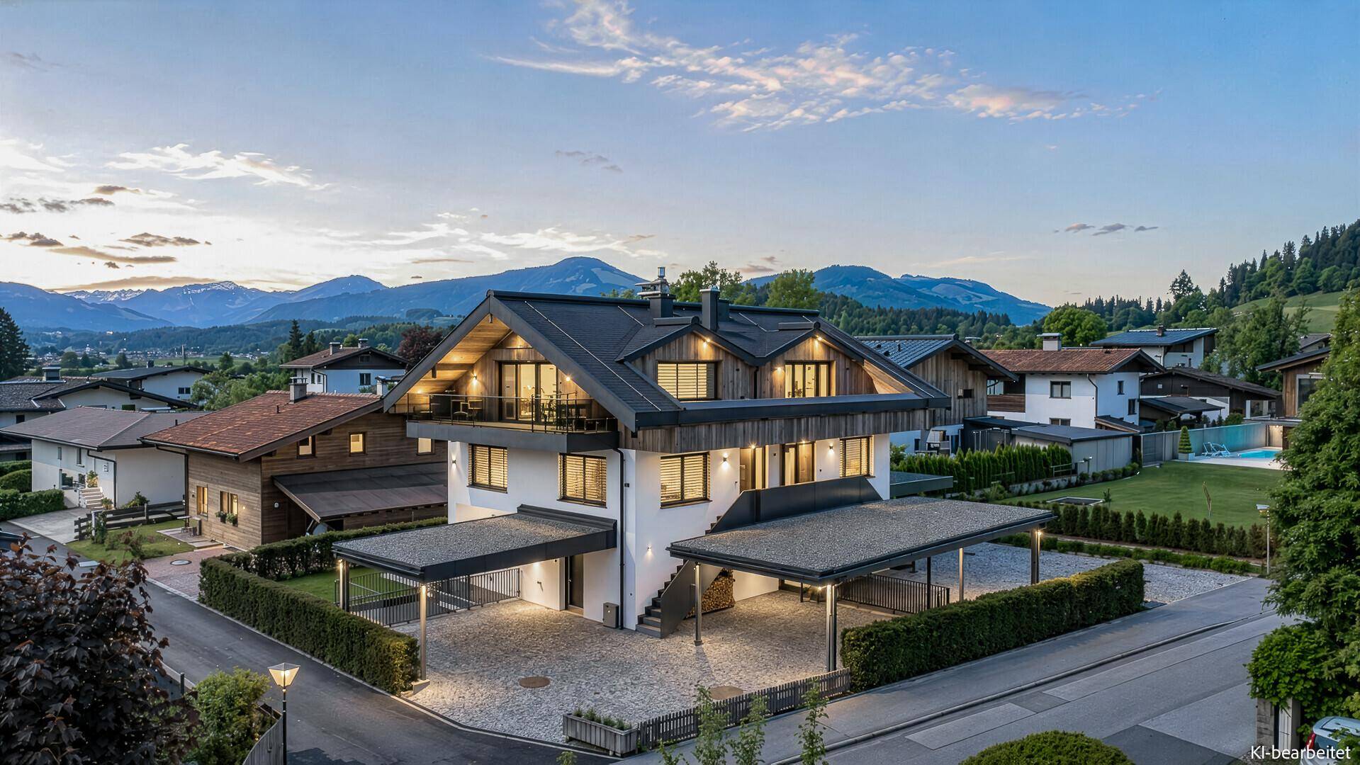 Modernes Wohnhaus in einer Siedlung mit Bergblick und beleuchteter Außenanlage bei Dämmerung.