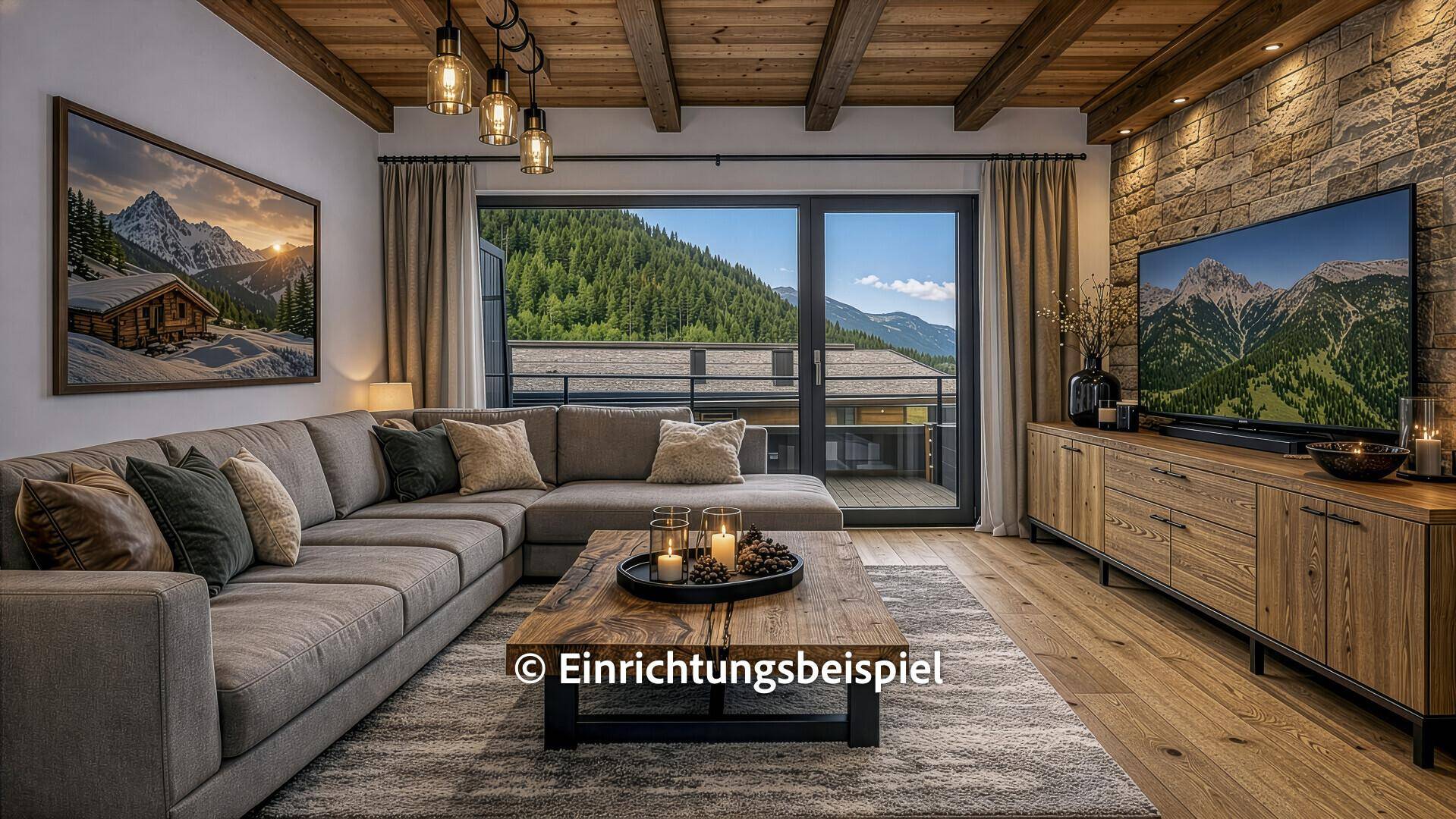 Stilvolles Wohnzimmer mit Steinfassade, Holzbalkendecke und großem Fenster mit Bergblick.