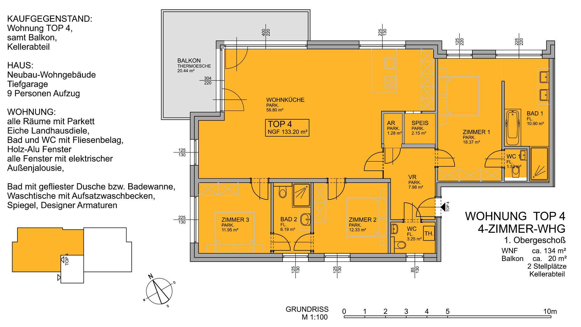 Grundriss der 4-Zimmer-Wohnung TOP 4 mit Balkon und Kellerabteil.