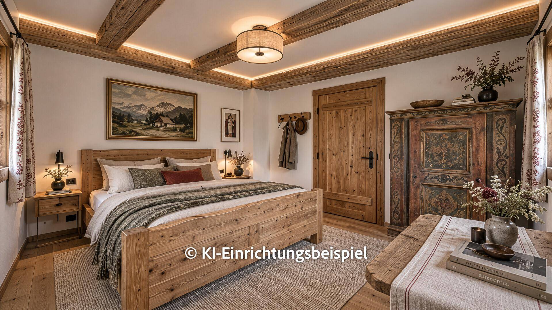 Modernisiertes Schlafzimmer im alpinen Stil mit sichtbaren Holzbalken und indirekter Beleuchtung.