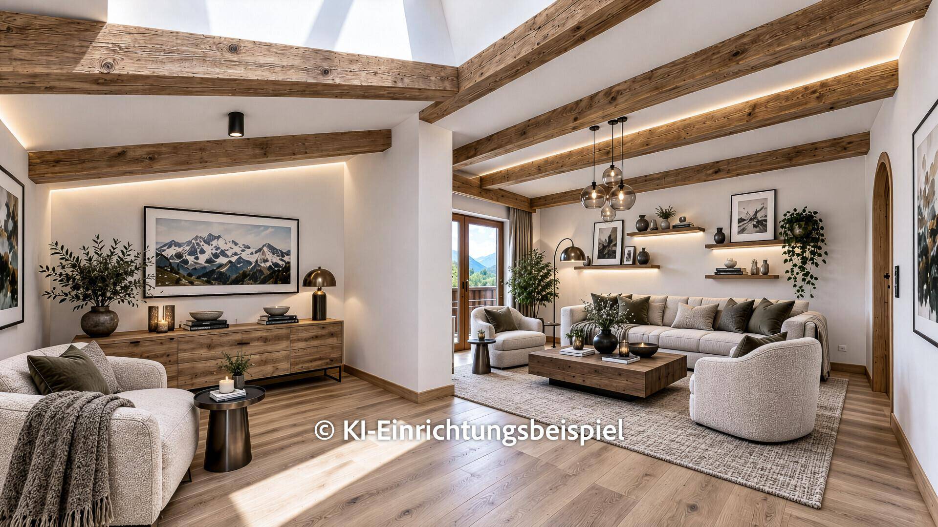 Stilvolles Wohnzimmer mit Holzbalken, moderner Einrichtung und Blick auf die grüne Umgebung.