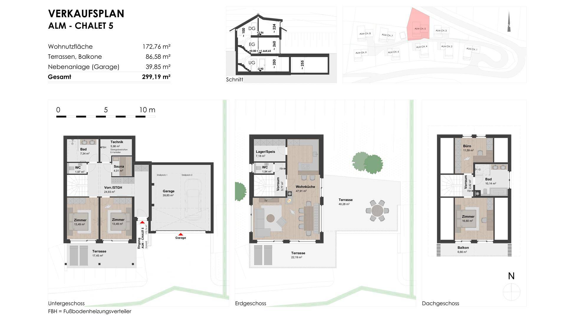 Detaillierter Verkaufsplan für Chalet 5 mit Grundrissen für Untergeschoss, Erdgeschoss und Dachgeschoss.