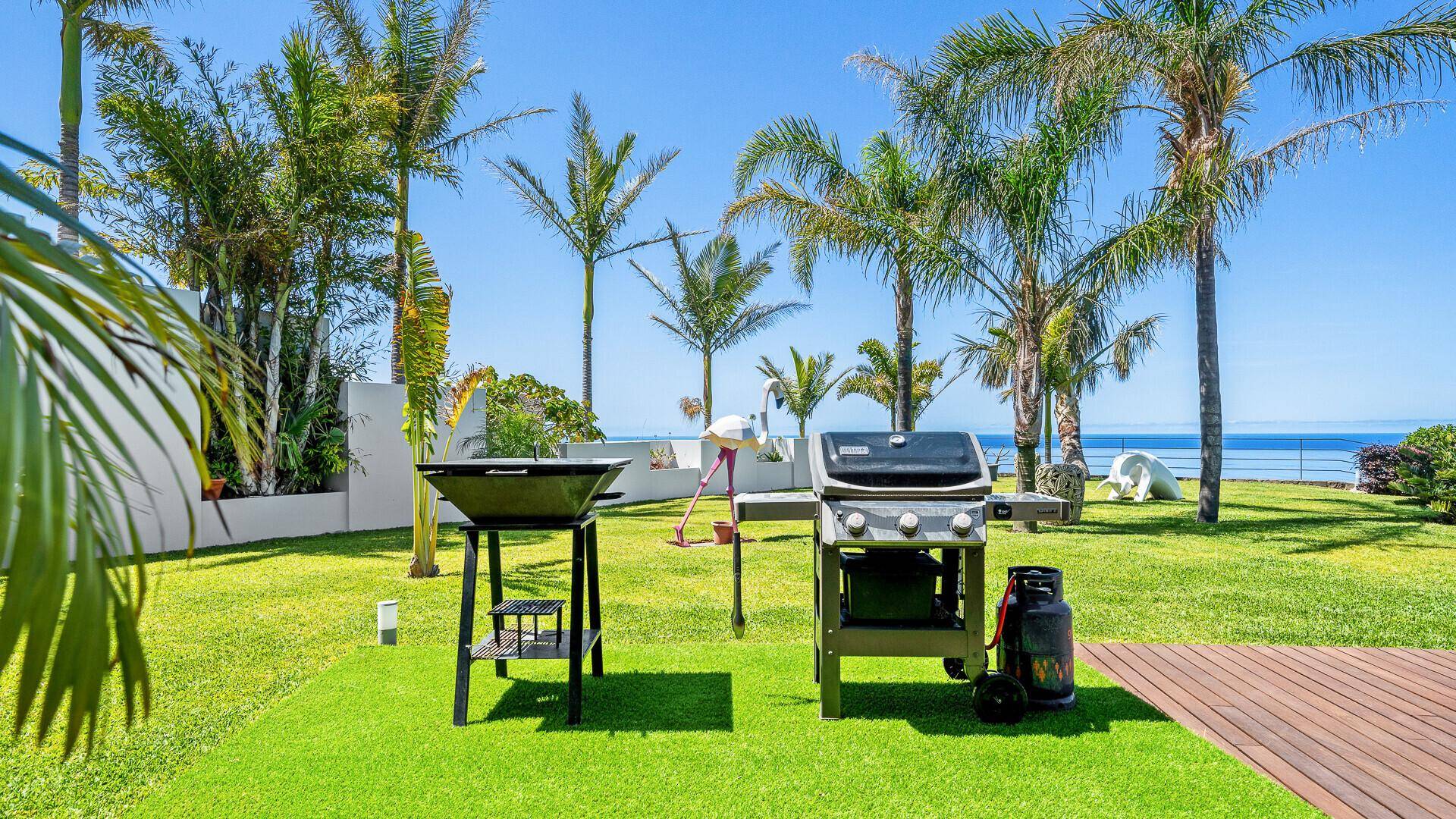 Grüner Gartenbereich mit zwei Grillstationen, Palmen und einem schönen Meerblick.