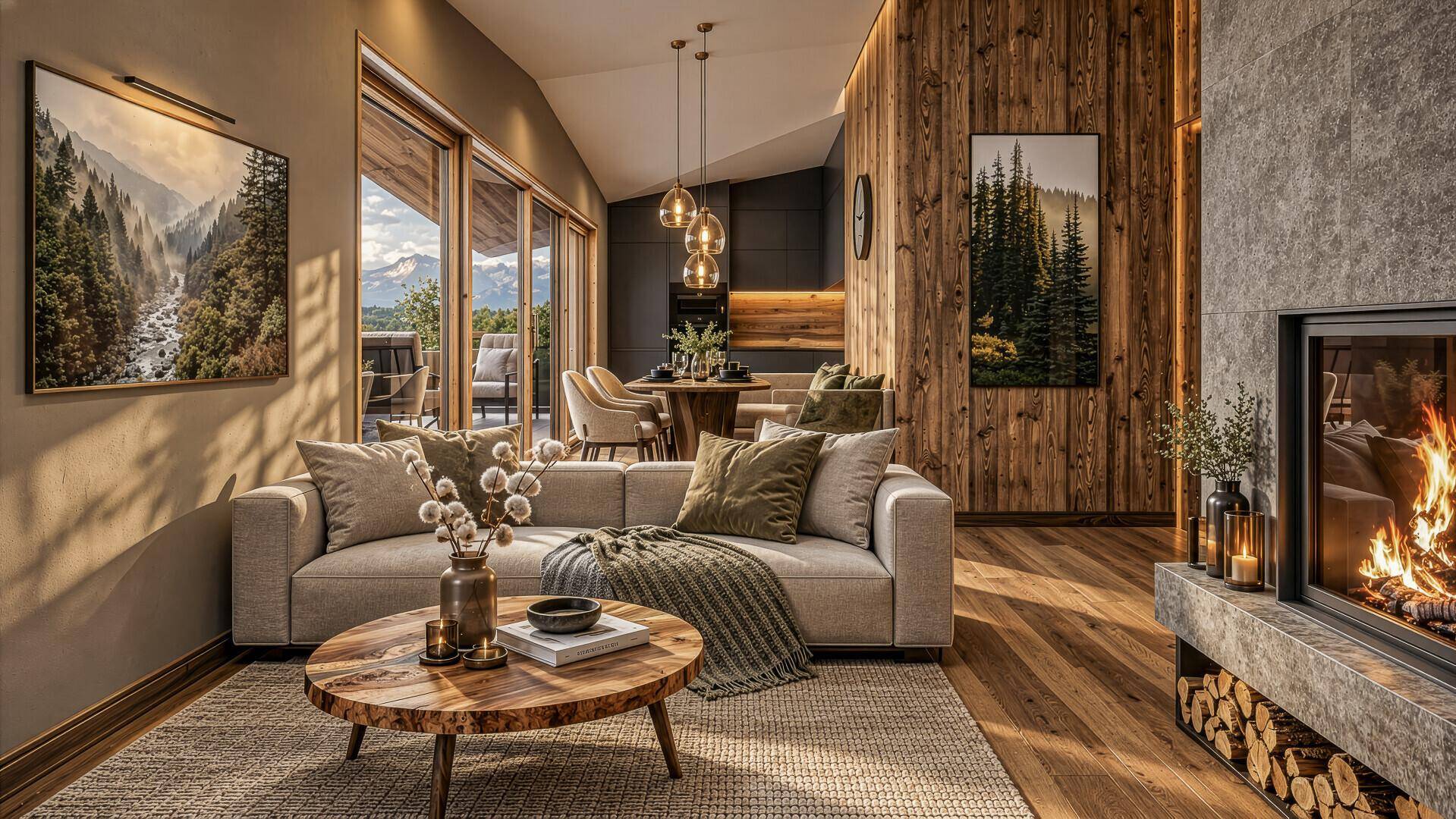 Gemütliches Wohnzimmer mit Holzboden, Kamin und Blick auf die umliegende Berglandschaft.