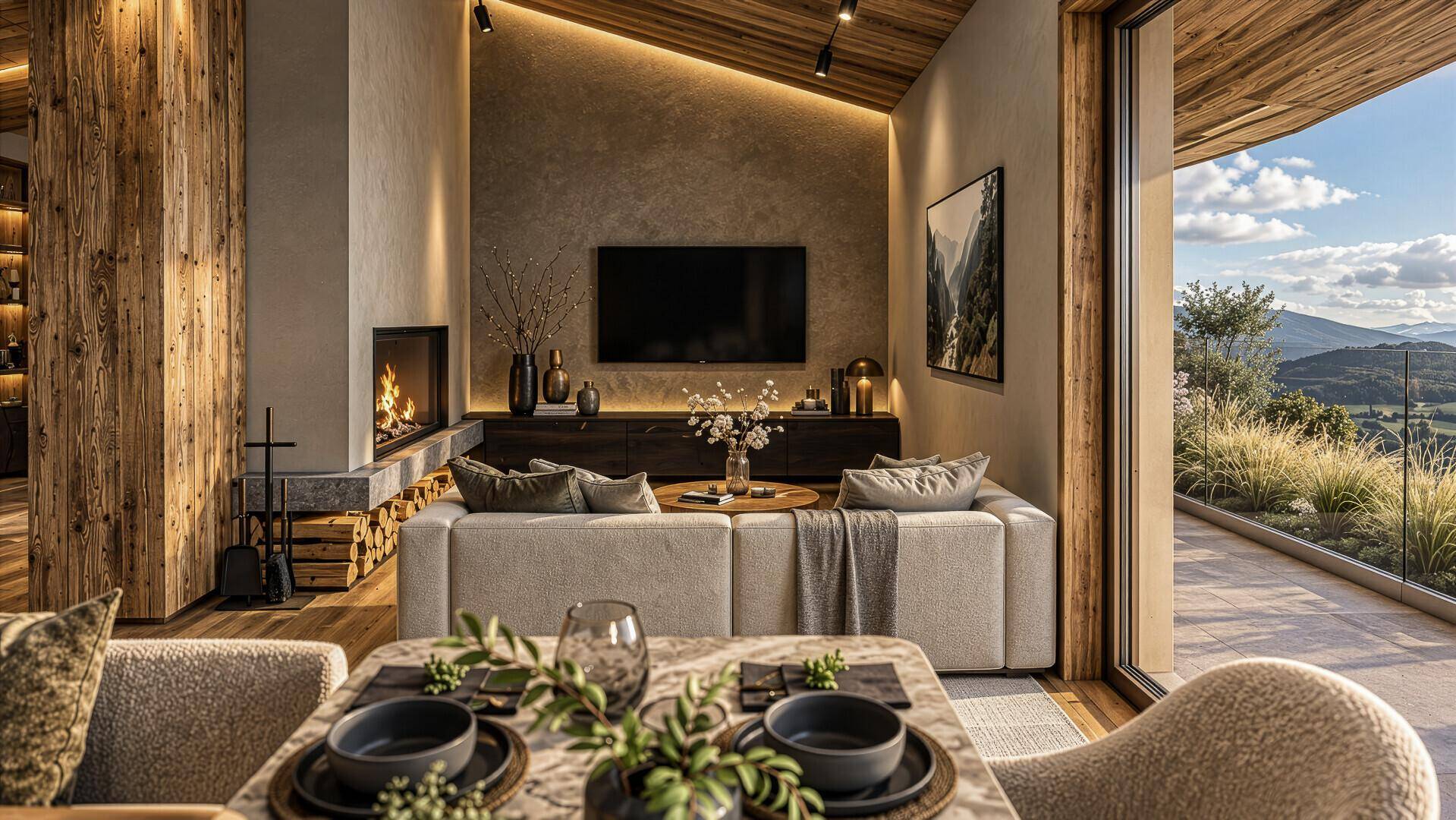Elegantes Wohnzimmer mit Kamin, Holzakzenten und weitem Blick in die Natur.