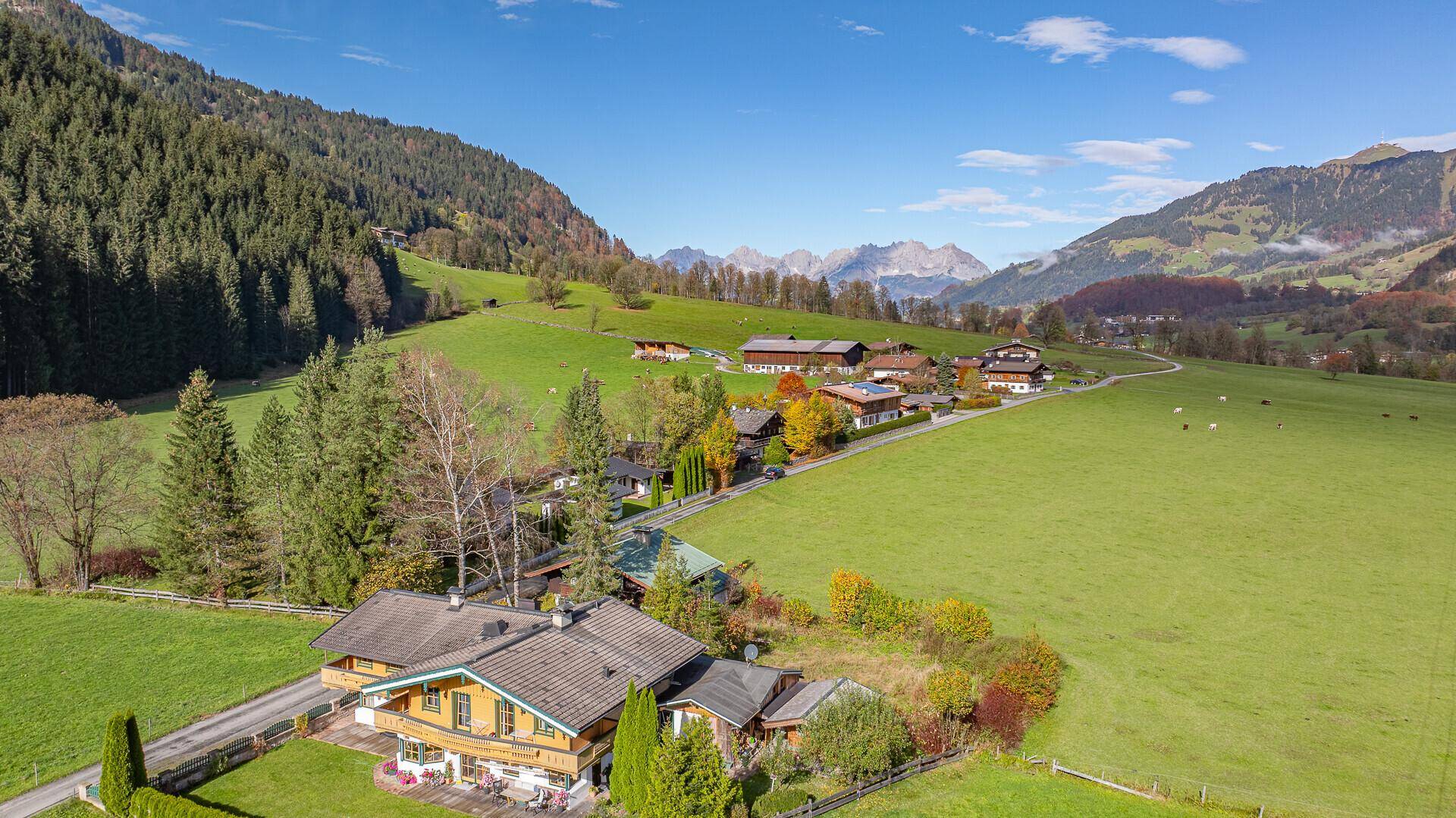 Panoramablick auf das Anwesen in einer malerischen Berglandschaft mit grünen Wiesen und umliegenden Wäldern.