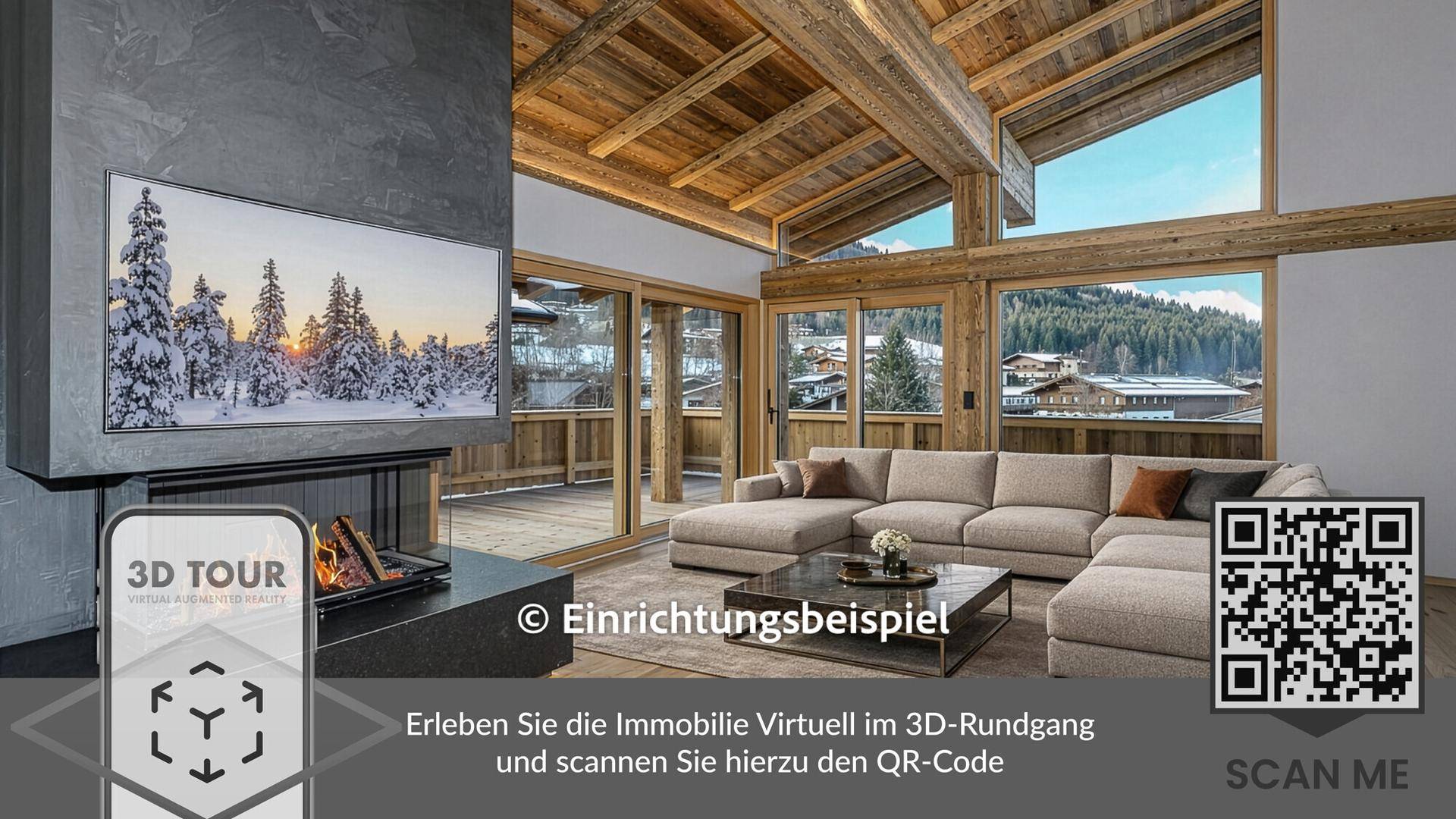Geräumiges Wohnzimmer mit Holzbalkendecke, Kamin, großen Fenstern und Bergblick.