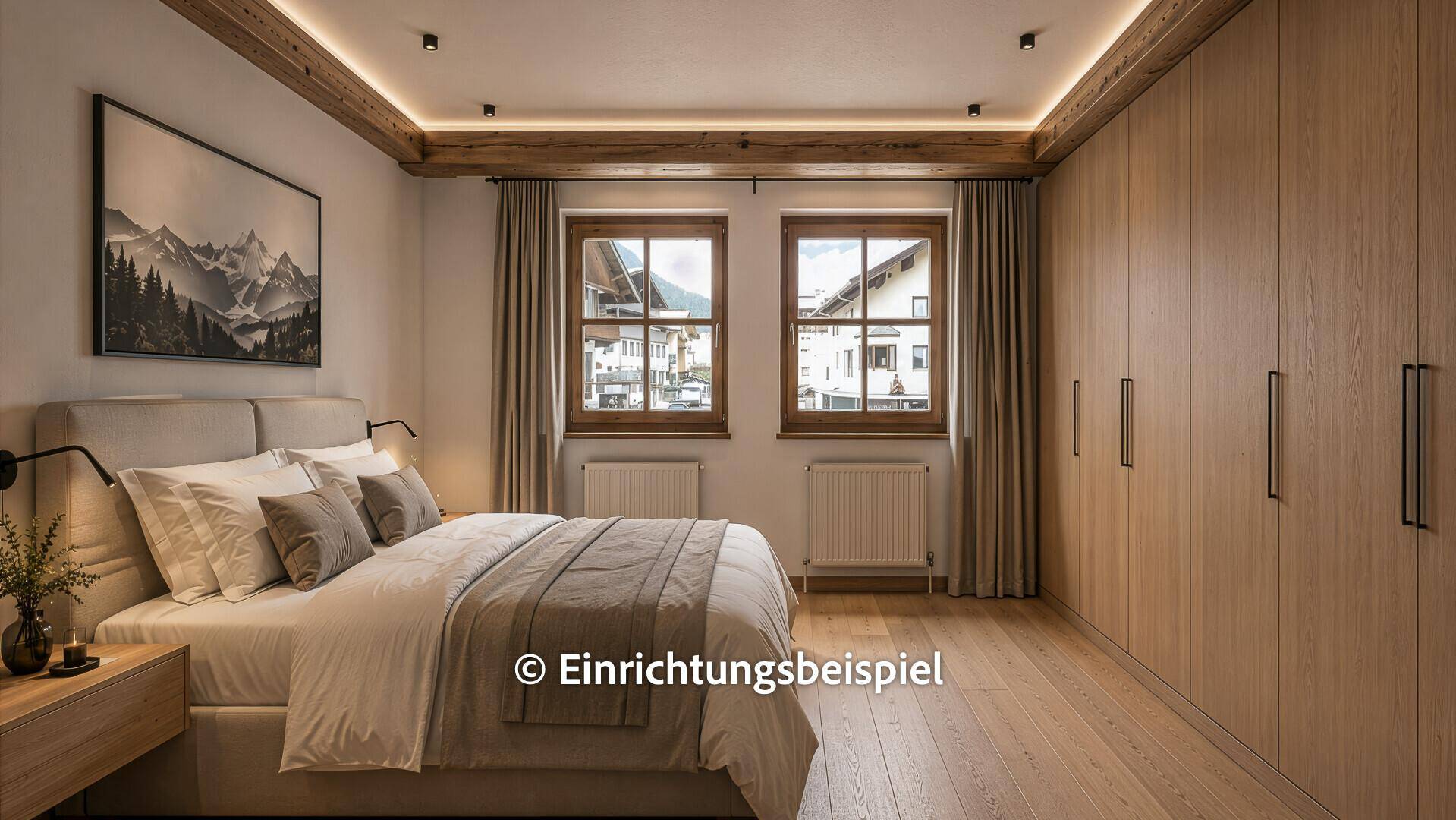 Modernes Schlafzimmer mit Holzboden, Einbauschränken und Blick auf die Umgebung.