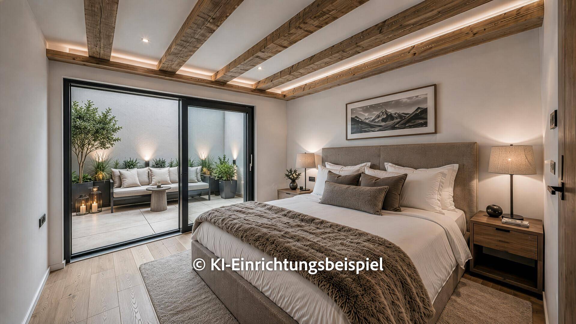 Gemütliches Schlafzimmer mit Holzbalken, großem Bett und Zugang zur Terrasse.