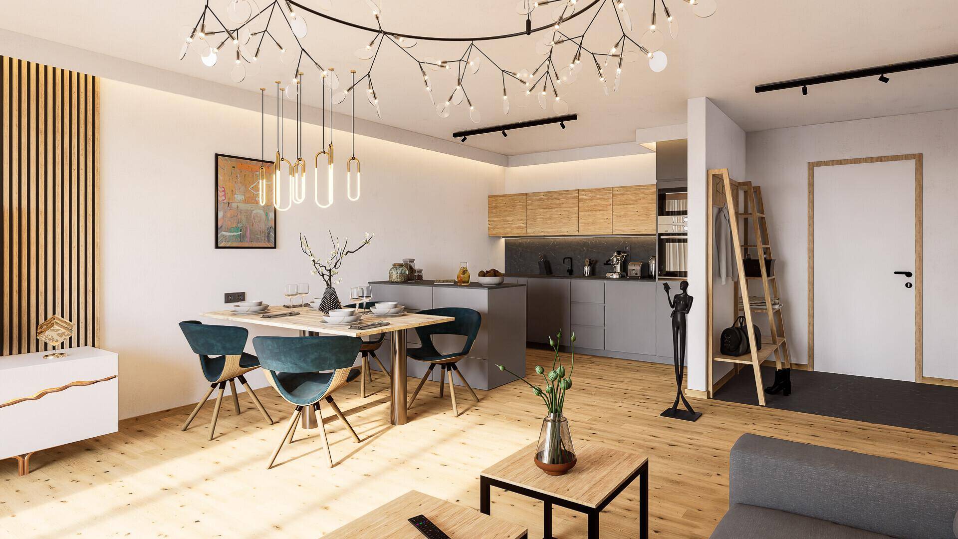 Lichtdurchfluteter Wohn-Essbereich mit integrierter Küche, Holzboden und moderner Beleuchtung.