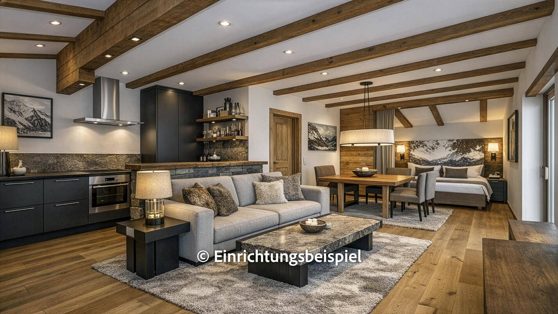 Visualisierung eines modernen Wohn- und Essbereichs mit offener Küche und Schlafbereich im alpinen Stil.