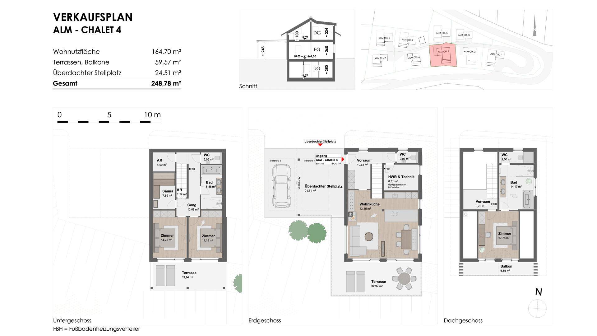 Detaillierter Verkaufsplan für Chalet 4 mit Grundrissen für Untergeschoss, Erdgeschoss und Dachgeschoss.