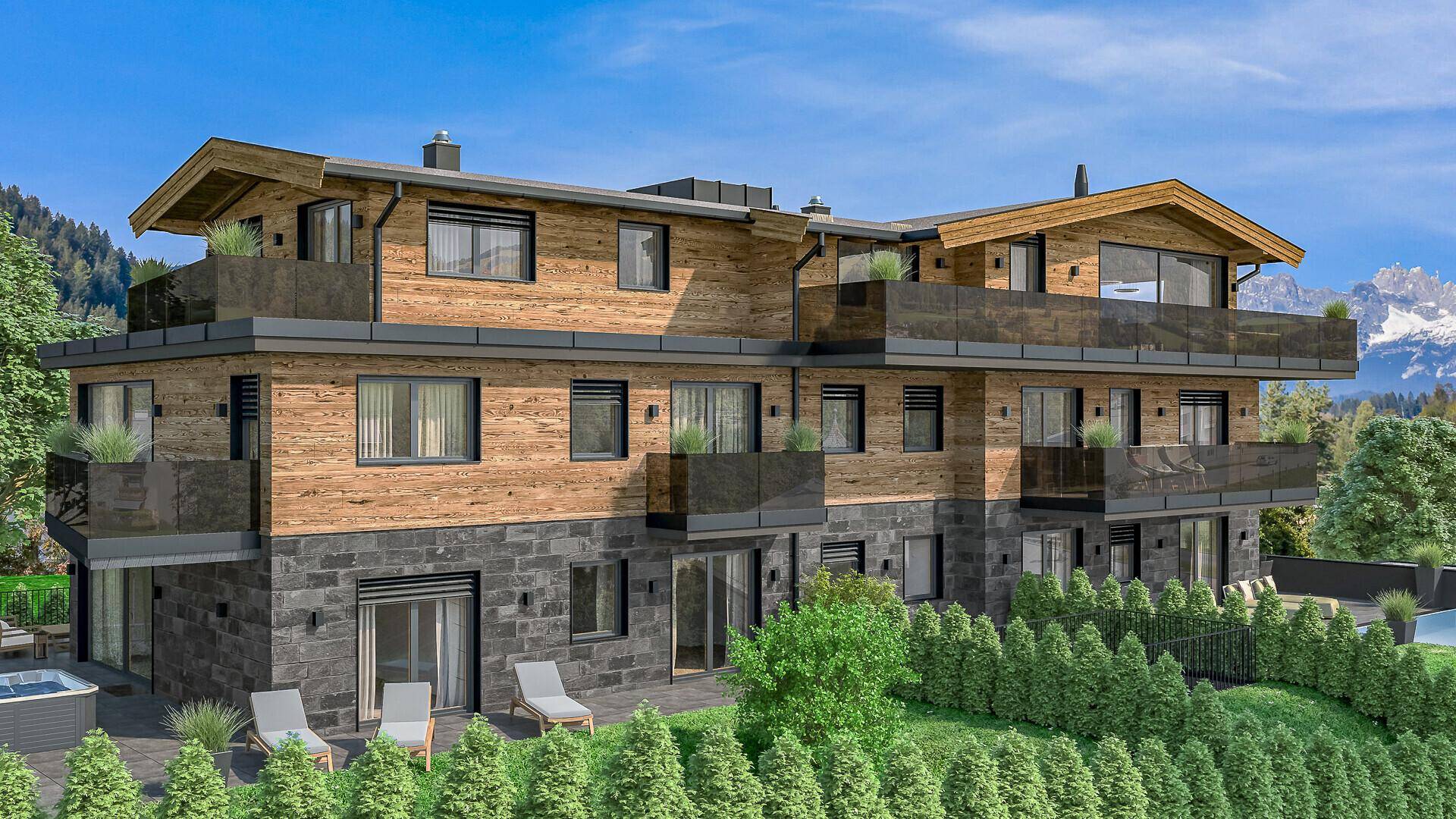 Neubauprojekt im alpinen Stil mit Holzfassade, Steinverkleidung und moderner Terrasse mit Bergblick.
