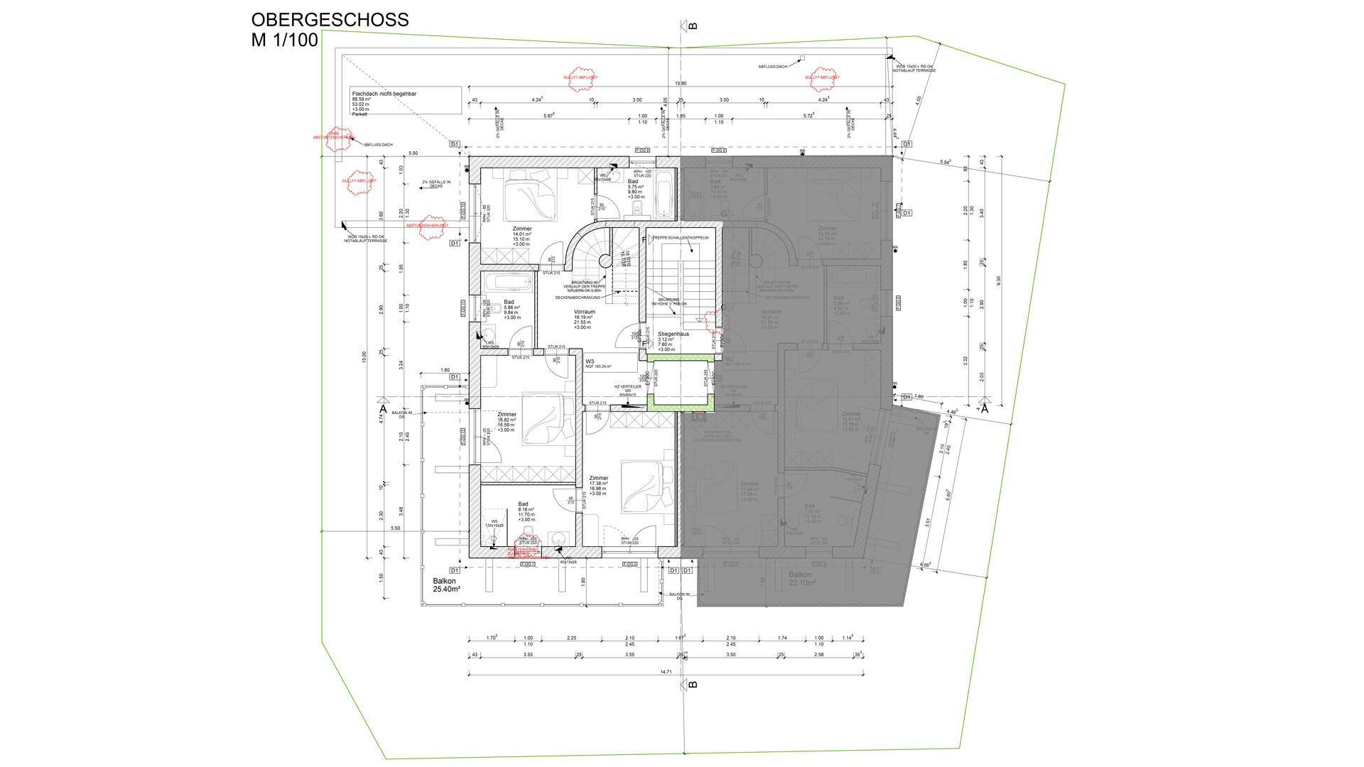 Grundriss des Obergeschosses mit mehreren Schlafzimmern und Bädern.