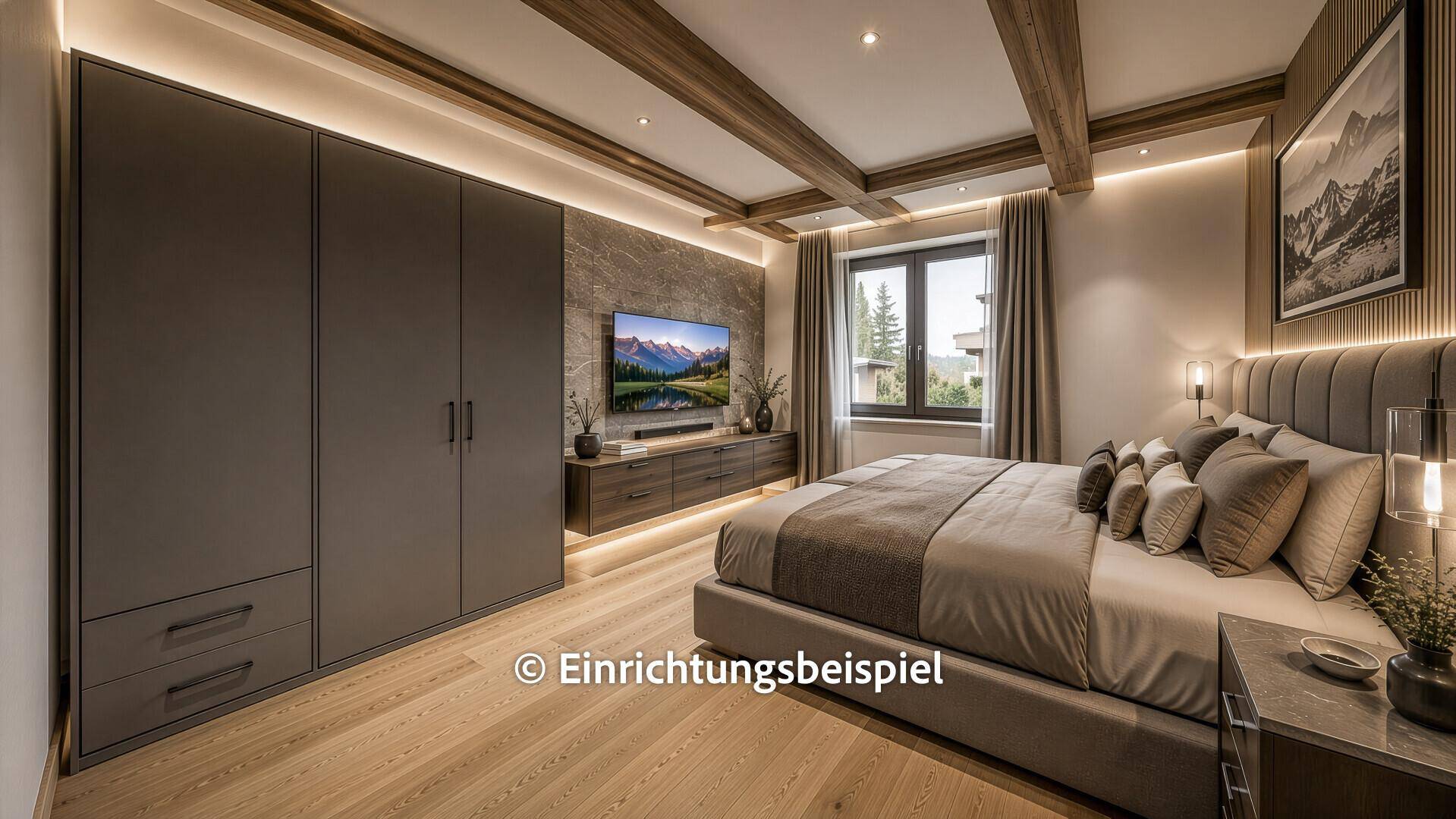 Elegantes Schlafzimmer mit Doppelbett, Holzbalken und integriertem Fernseher, als Einrichtungsbeispiel.