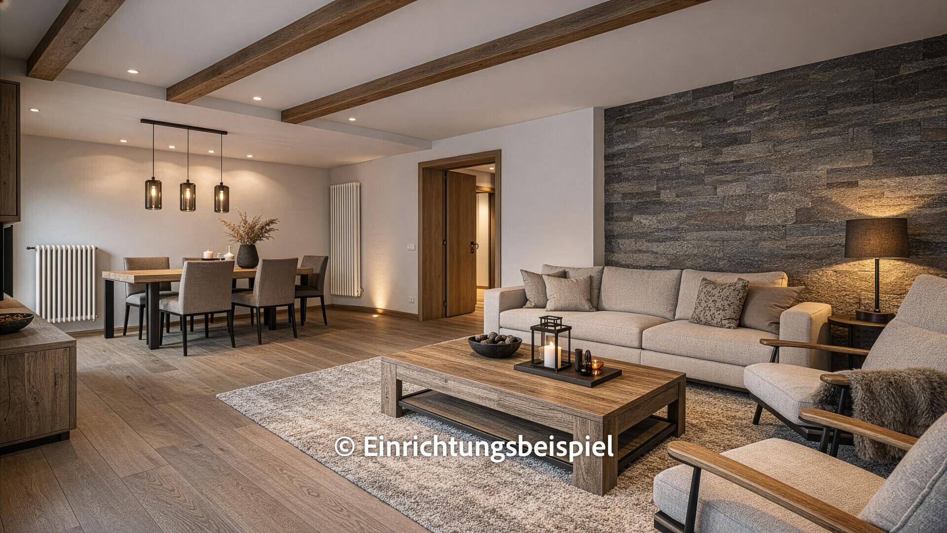 Gemütlicher Wohnbereich mit Steinfassade, Holzbalken und modernem Mobiliar.