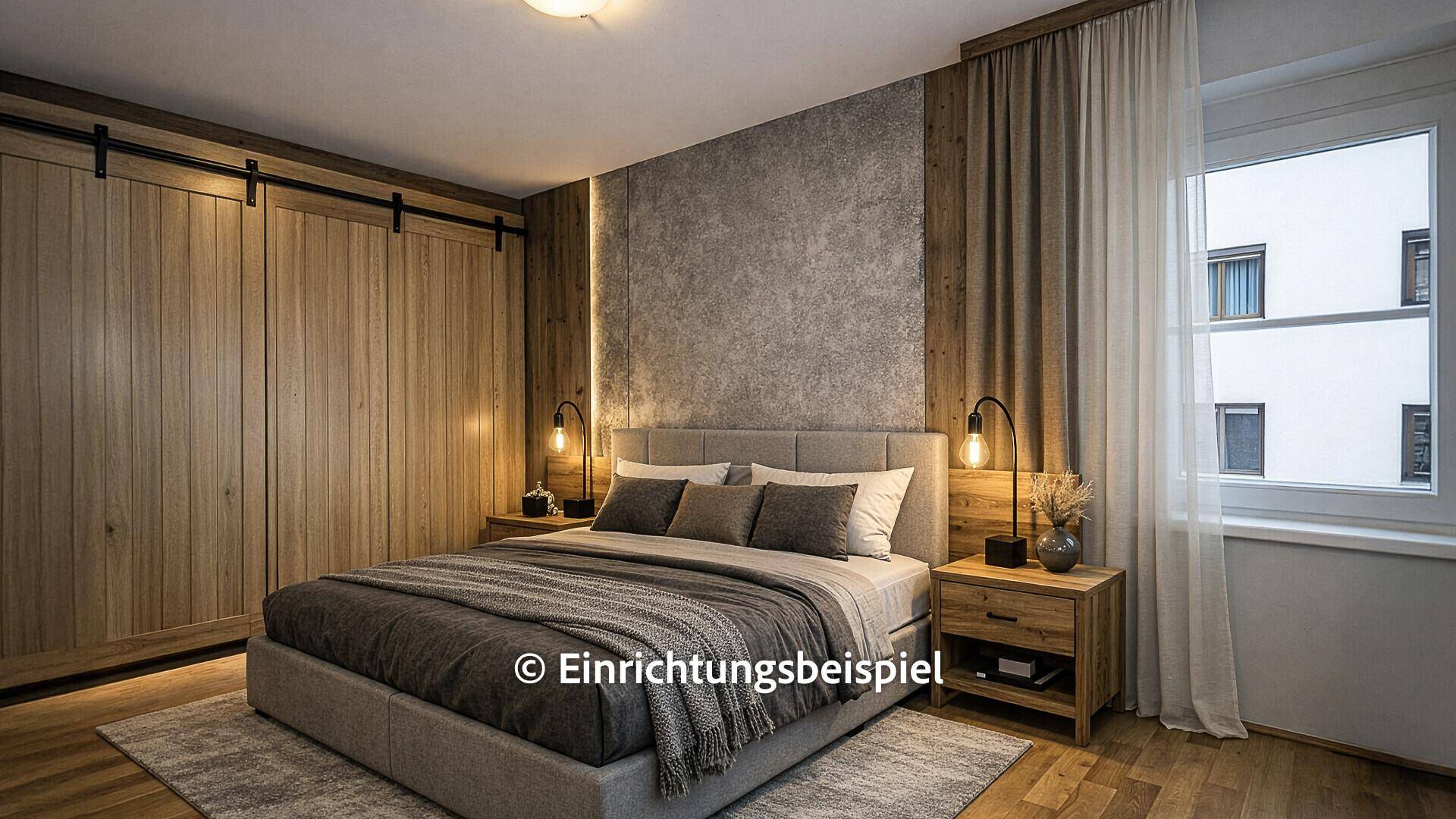 Modernes Schlafzimmer mit Doppelbett, Holzakzenten und Schiebetürenschrank, gemütlich beleuchtet.