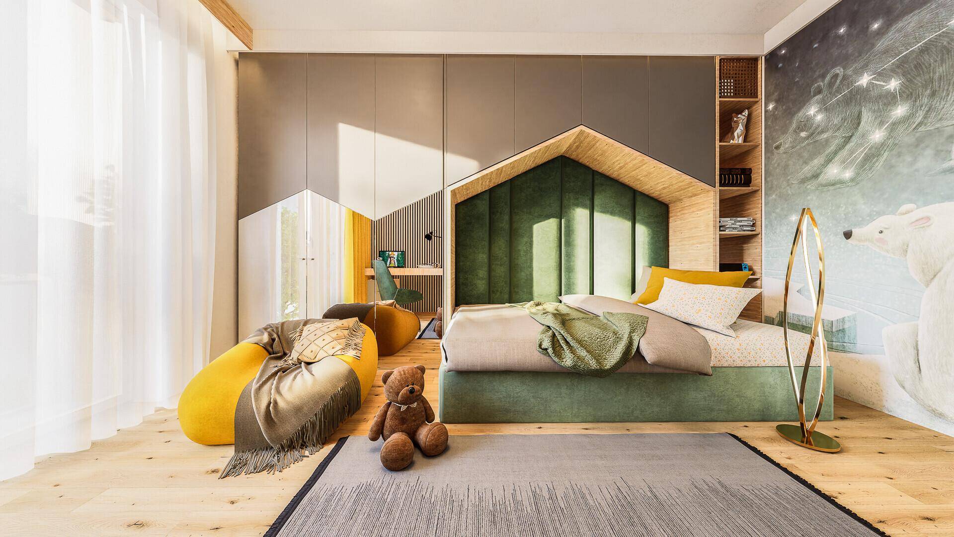 Kinderzimmer mit kreativer Wandgestaltung, Holzboden und integriertem Bettbereich.