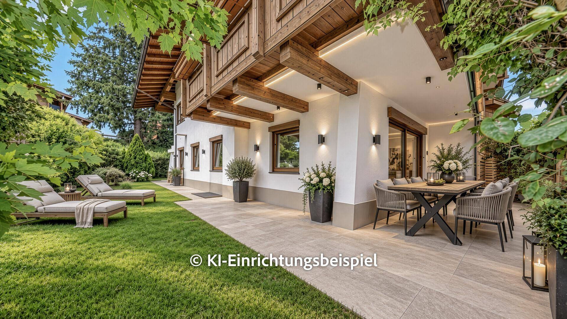 Attraktiver Außenbereich mit möblierter Terrasse, Liegestühlen und gepflegtem Rasen, umgeben von Natur.