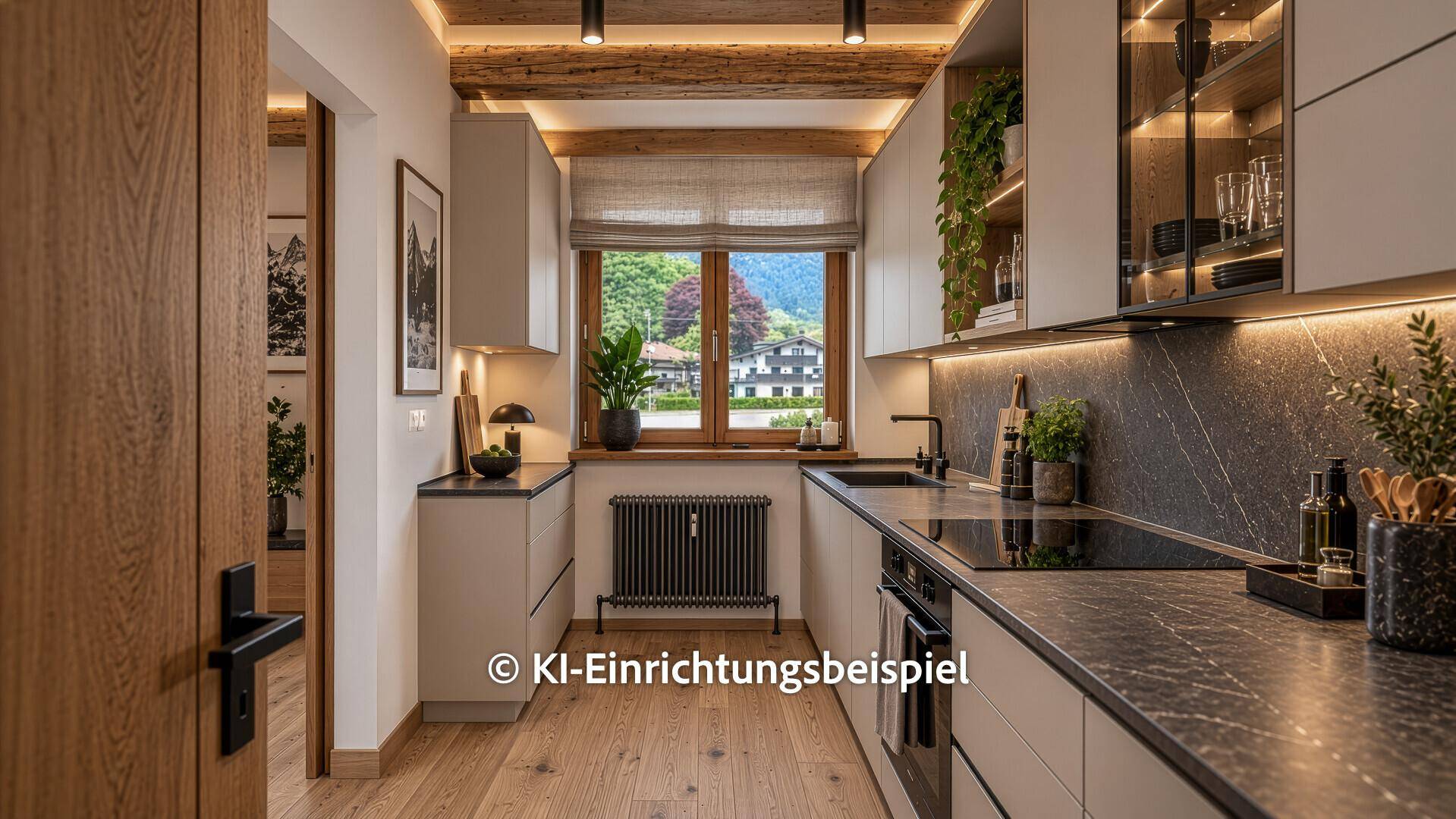 Stilvolle Küche mit grauen Fronten, dunkler Arbeitsplatte, Holzbalken und Fenster mit Bergblick.