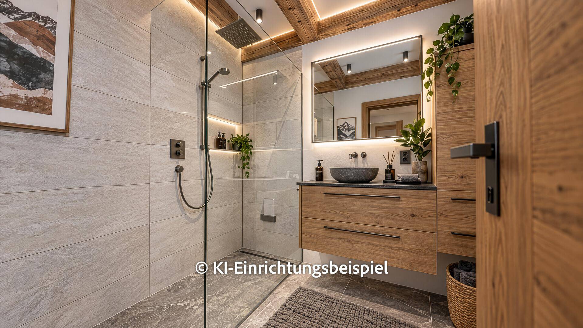 Modernes Badezimmer mit begehbarer Dusche, Holzwaschtisch und Holzbalkendecke.