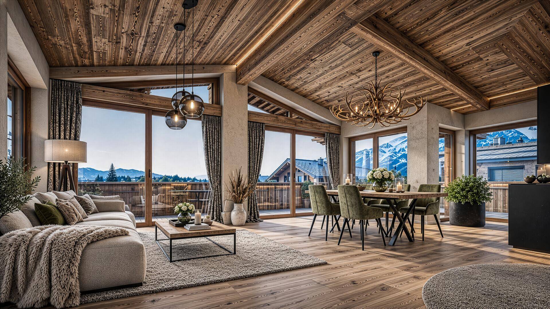 Geräumiger Wohn-Essbereich im alpinen Stil mit Holzbalkendecke, großen Fenstern und Panoramablick auf die Berge.