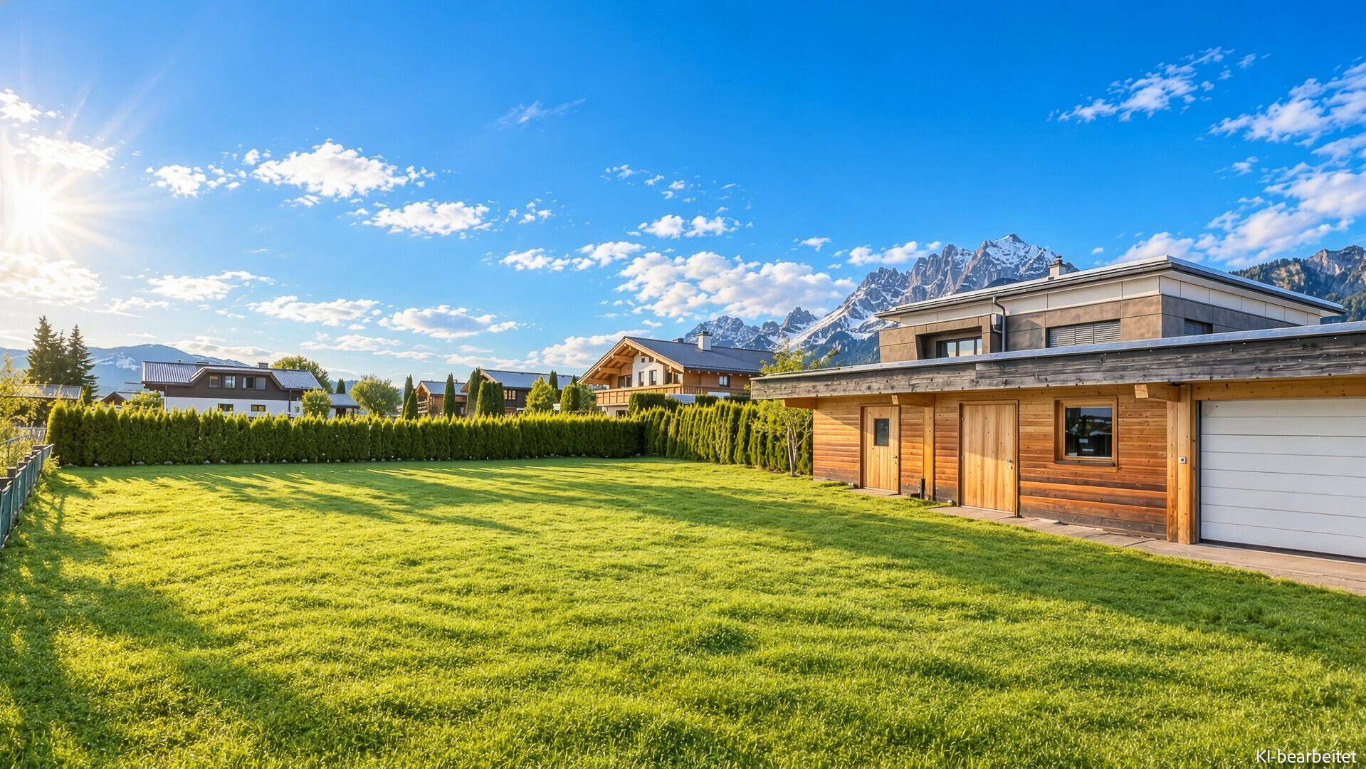 Weitläufiger, sonniger Garten mit gepflegtem Rasen und Blick auf ein modernes Haus und die Berge.